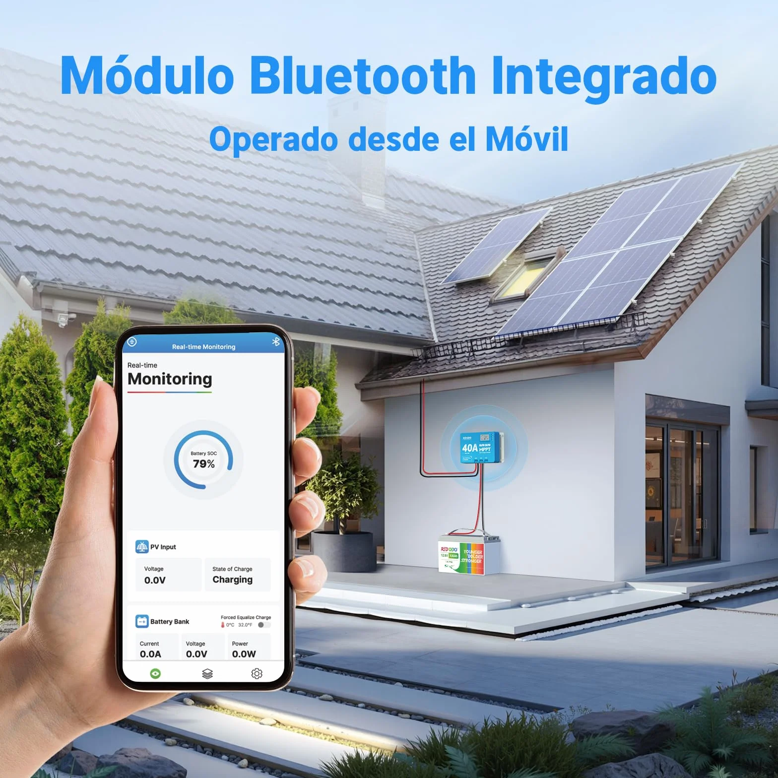 Redodo 40A MPPT 12V/24V Coche Entrada DC Controlador de carga solar con módulo Bluetooth incorporado, Parámetro ajustable Pantalla LCD Pantalla LED
