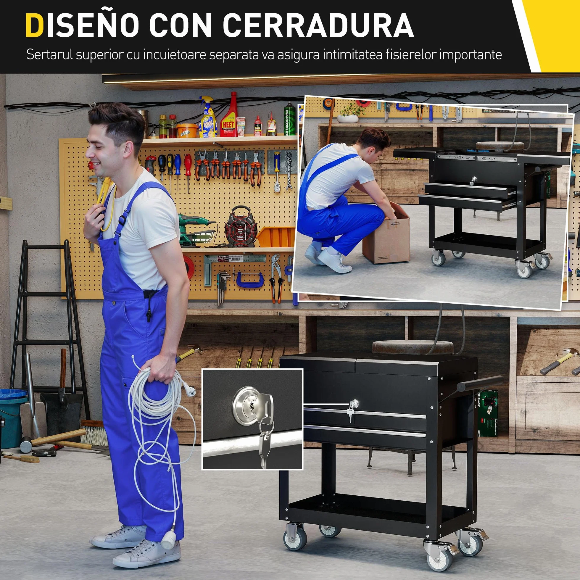 HOMCOM Carro de Herramientas con Ruedas, Carro de Taller Móvil con Tapa Deslizante, 2 Cajones con Cerradura, Bandeja, Caja de Herramientas de Acero, para Taller, Garaje, Negro