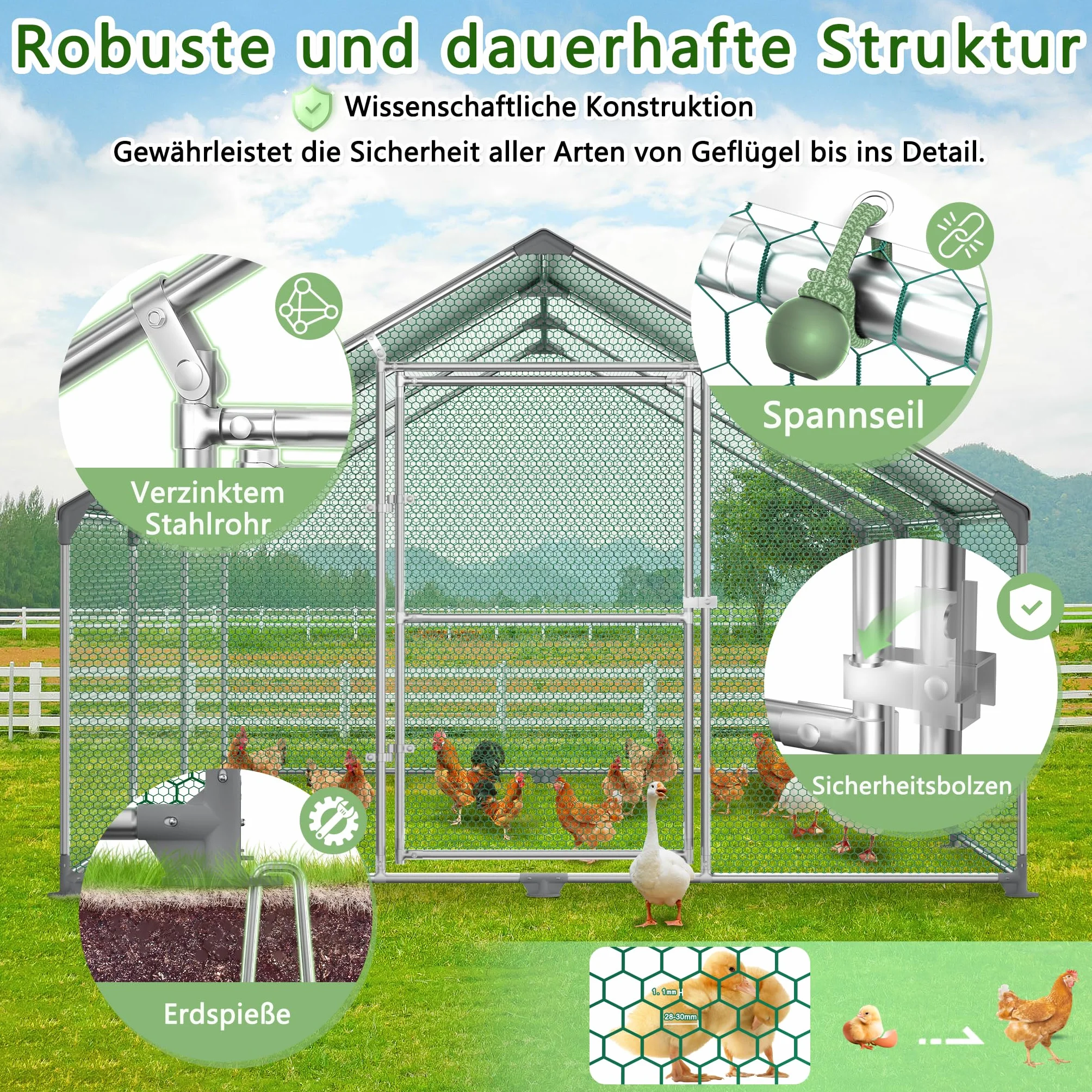 Recinto para gallineros, jaula para gallineros, gallineros con cerradura, gallinero de acero galvanizado con techo de sombra de polietileno, aviario para jaula de pollos, animales