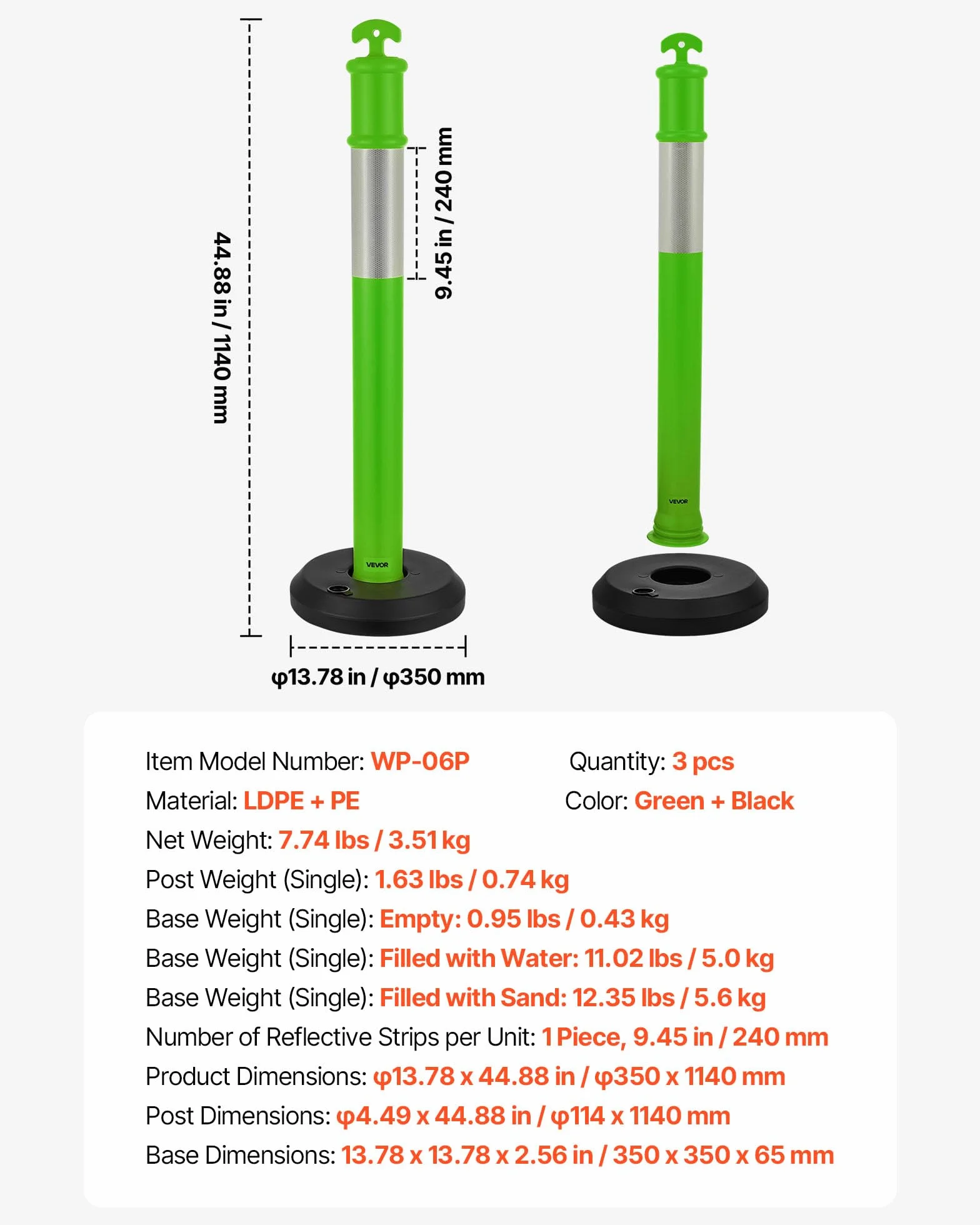 VEVOR Postes de Tráfico 3 Piezas Bolardo 1140 mm Base Rellenable Banda Reflectante Verde