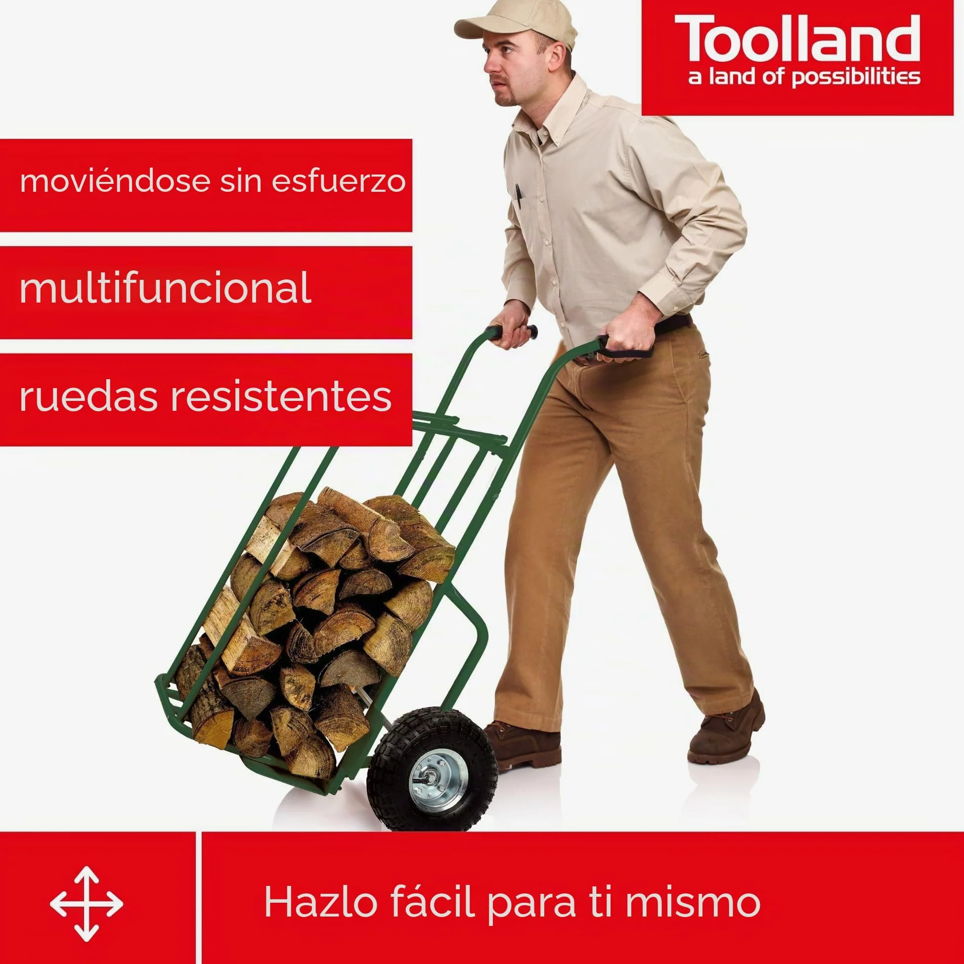 Toolland Carrito para leña Verde con Ruedas neumáticas, Marco de Acero, Carga máx. 250 kg, 3 Posiciones, Asas softgrip, Ideal para Transportar y apilar leña