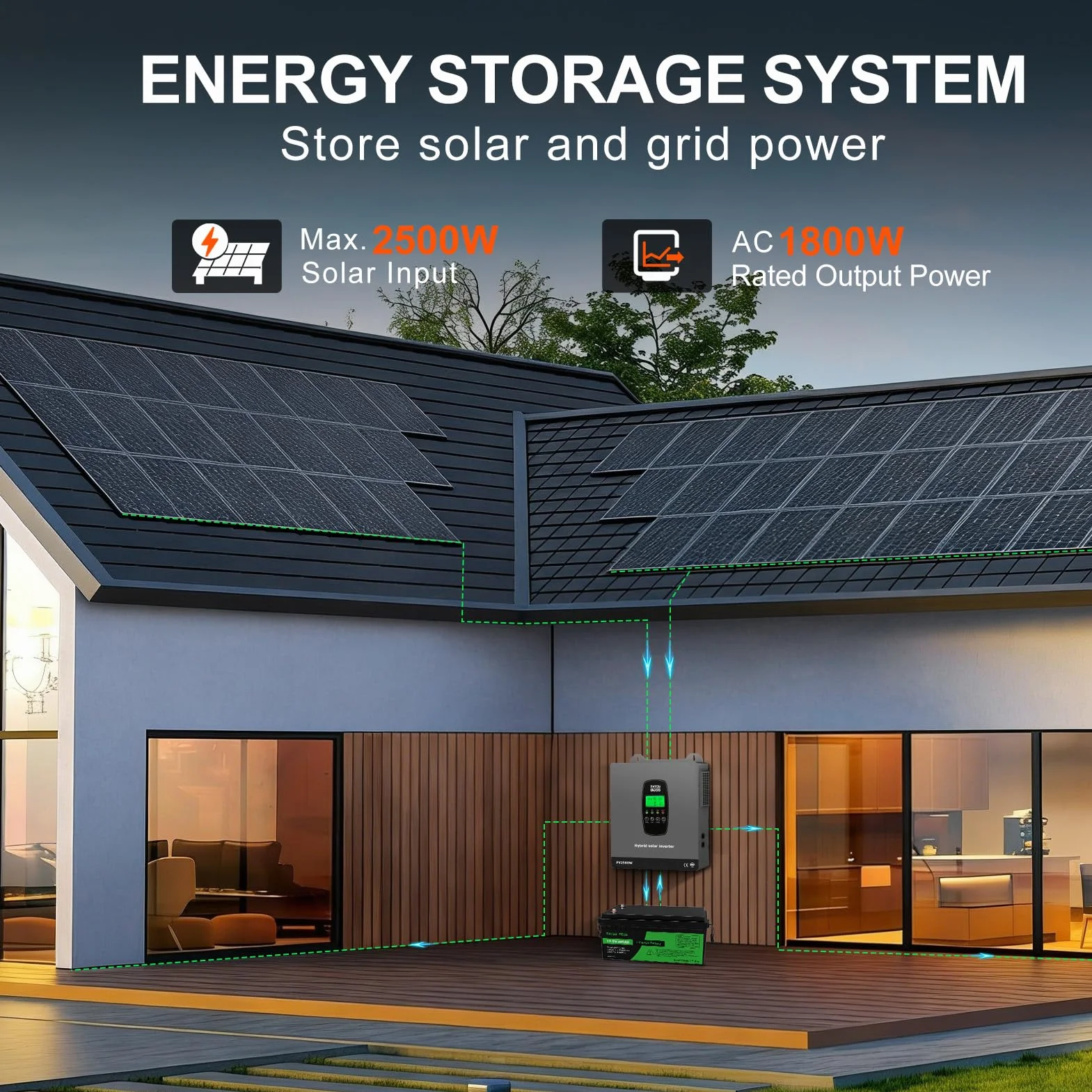 DATOUBOSS Inversor Solar Híbrido 1800W 12V Onda Sinusoidal Pura, de 12V CC a 220V/230V CA con Regulador Solar MPPT, Sistema de Protección BMS, para Baterías de Litio (12V-1800W)