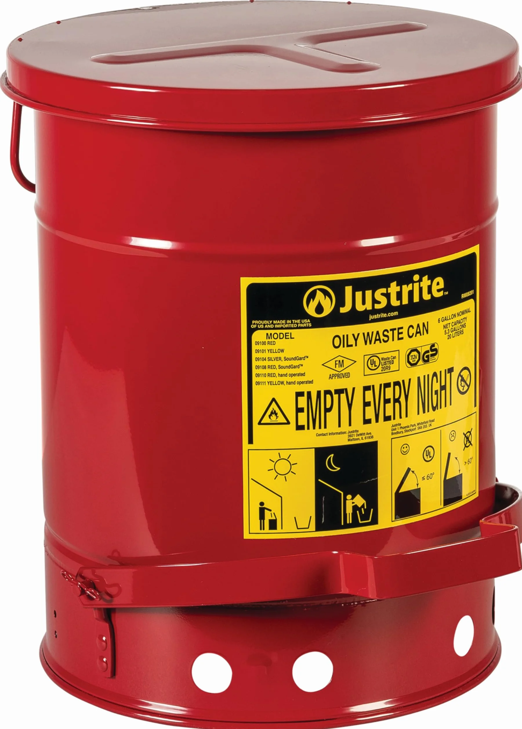Justrite 09100 Lata de seguridad para residuos aceitosos de acero galvanizado con palanca de pie, capacidad de 20 litros, 11-7/8 pulgadas de diámetro exterior x 15-7/8 pulgadas de alto, rojo