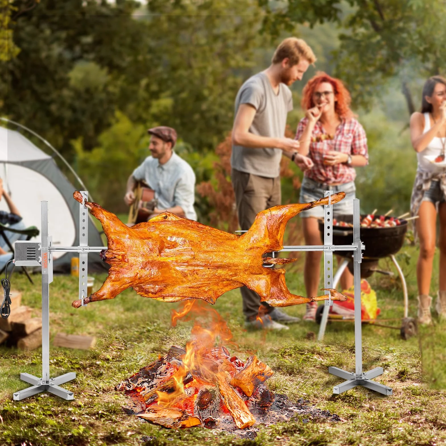 VEVOR Parrilla de Cordero 60 kg Parrilla de Barbacoa para Cerdo, Cordero, Cabra, Motor eléctrico de 52 W Asador Comercial de Acero Inoxidable con Escudo térmico, Longitud de asador de 1445 mm