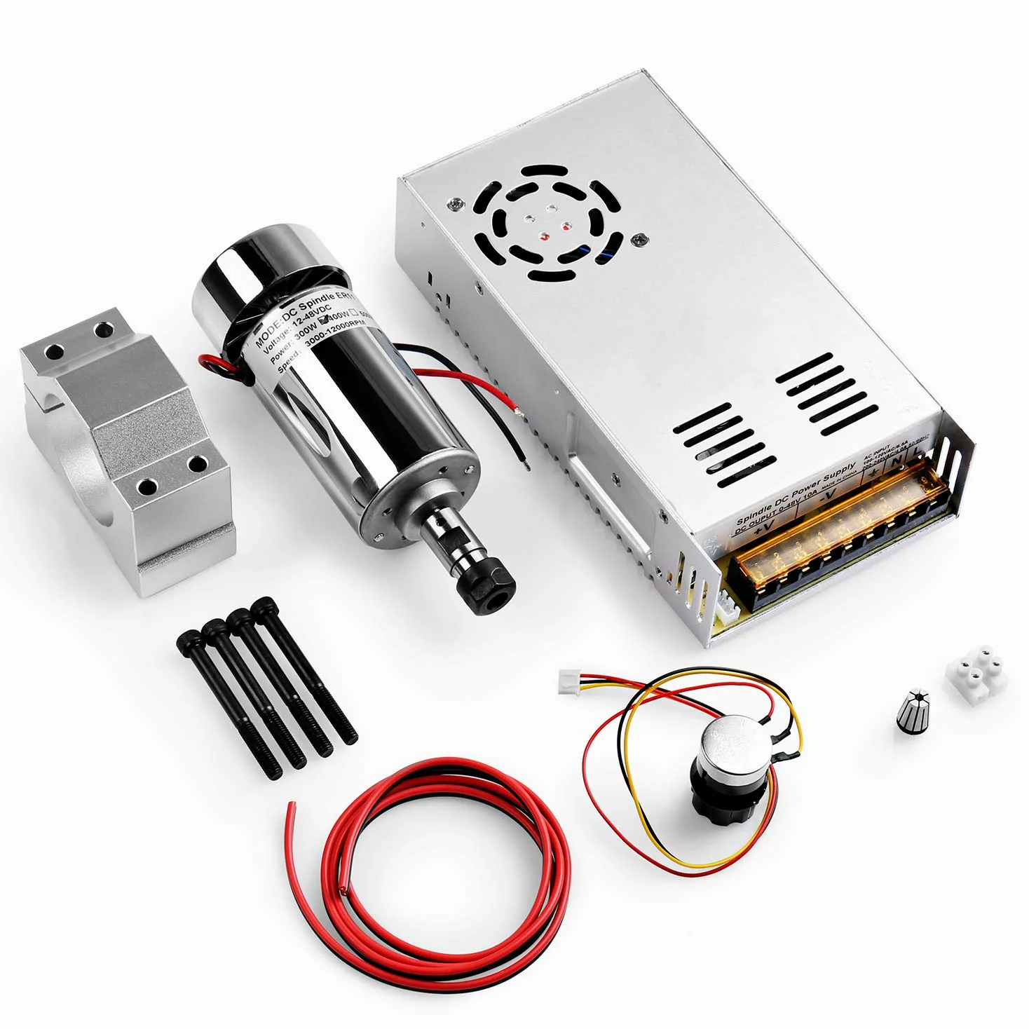 Genmitsu Motor de husillo CC refrigerado por aire de 300 W con fuente de alimentación de conmutación ajustable de salida de 0 a 48 V, abrazadera de 52 mm y pinza ER11, ideal para mecanizado CNC