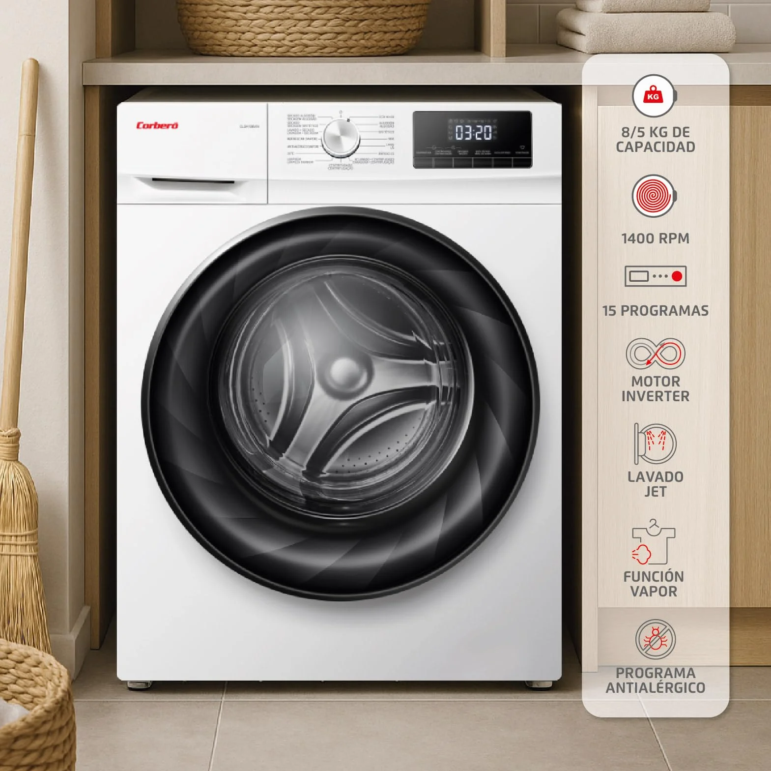 Corberó Lavadora Secadora Carga Frontal CLSH85VIN 8 kg 5 kg 1400 RPM Inverter Función Vapor Blanco