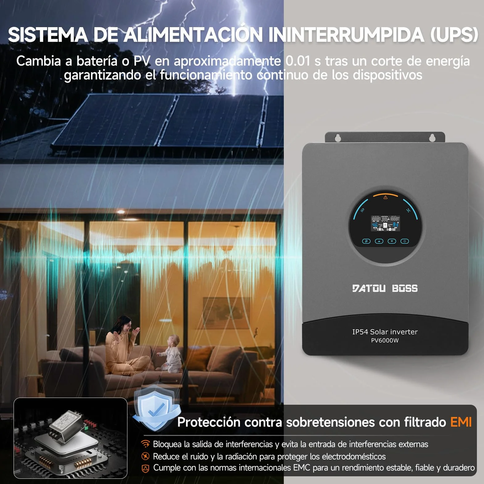 DATOUBOSS Inversor Solar Híbrido 48V 6000W Onda Sinusoidal Pura, Regulador MPPT Integrado 120A, Protección contra Rayos y Agua, Arranque sin Batería, para Sistema Solar Fuera de la Red (48V 6000W)