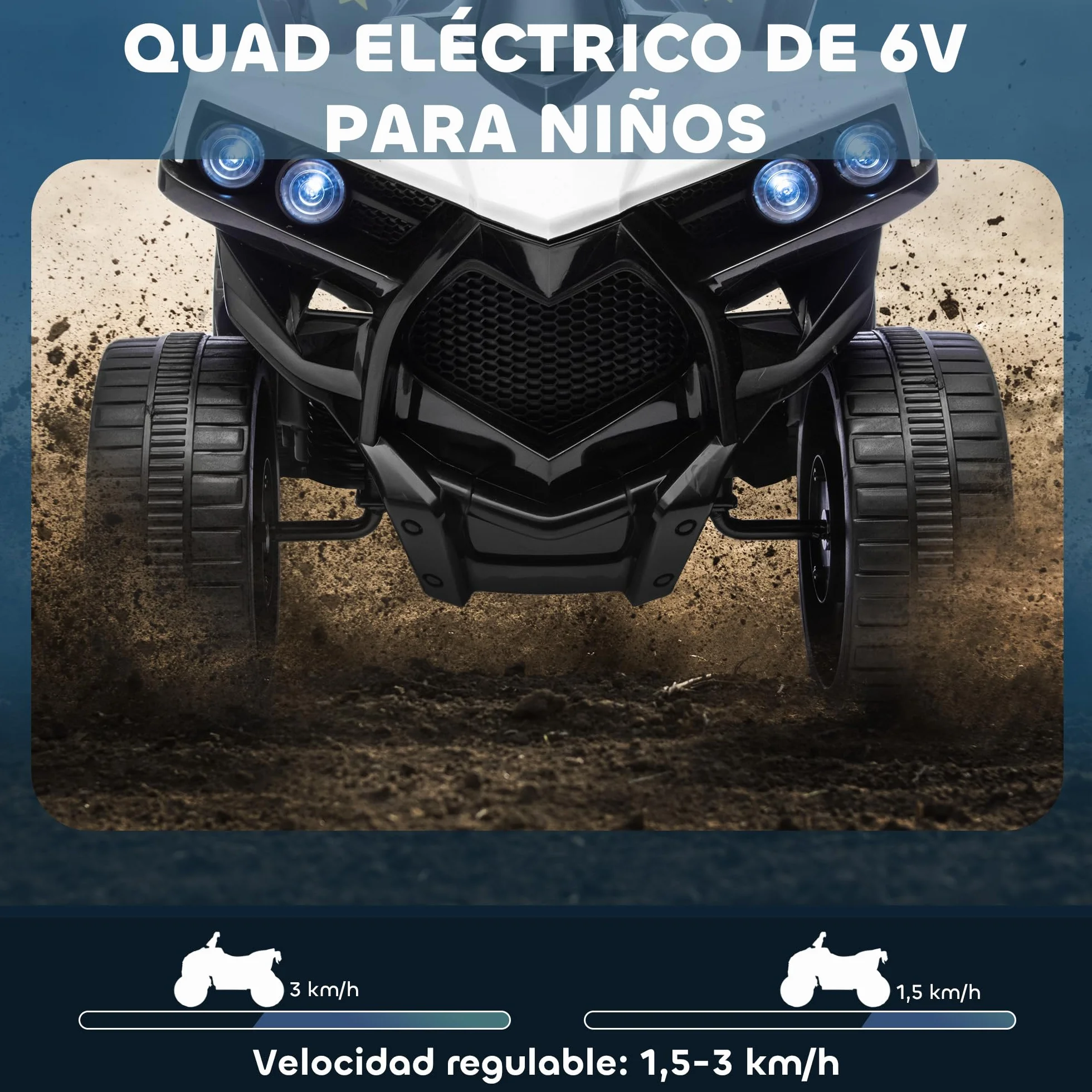 AIYAPLAY Quad Eléctrico para Niños 6V, Velocidad 3km/h, Faros y Música, Blanco