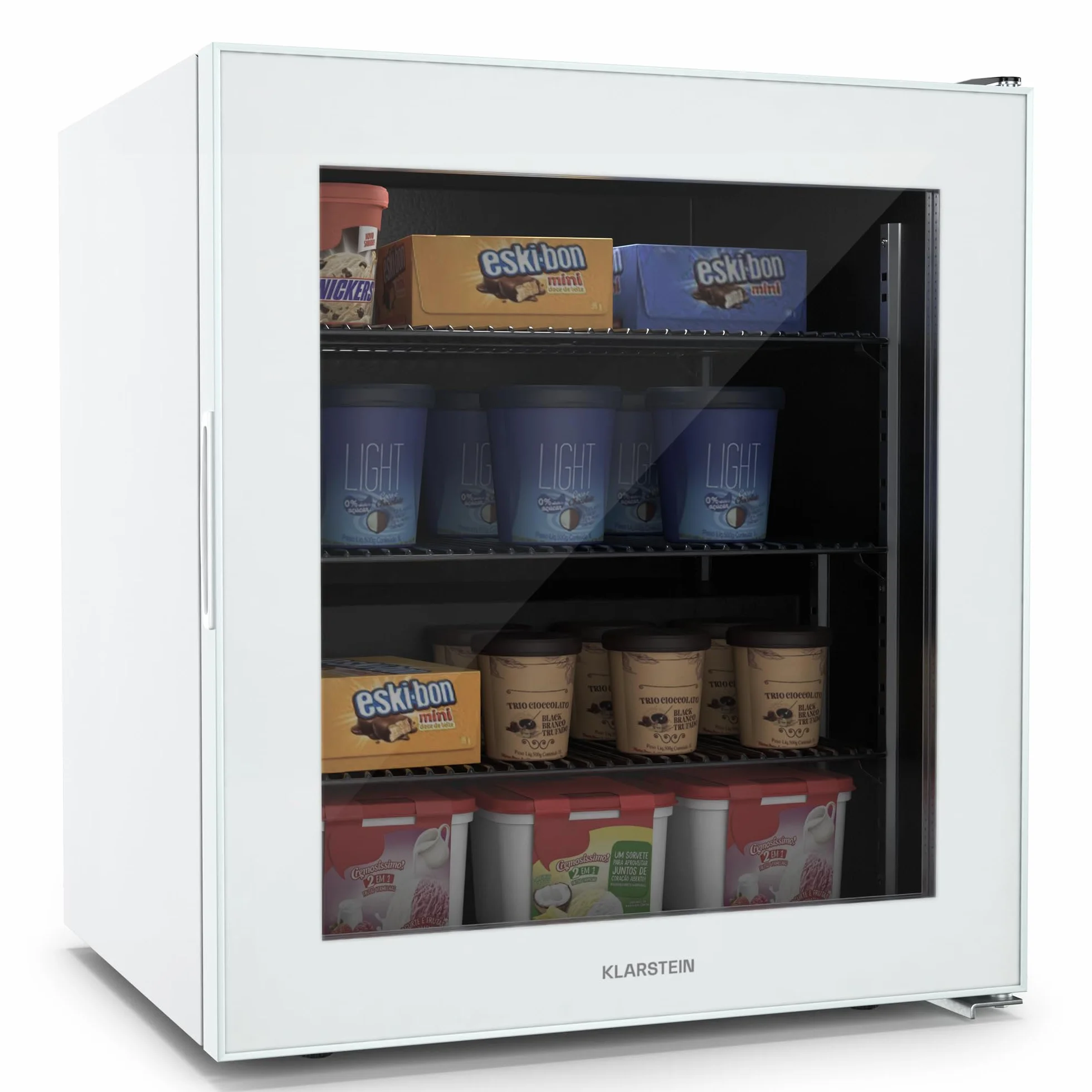 Klarstein IceAge 88 Congelador Pequeño 88L Temperatura Ajustable 0 a -18°C Puerta de Cristal Iluminación Led 3 Estantes Eficiencia Energética E Blanco