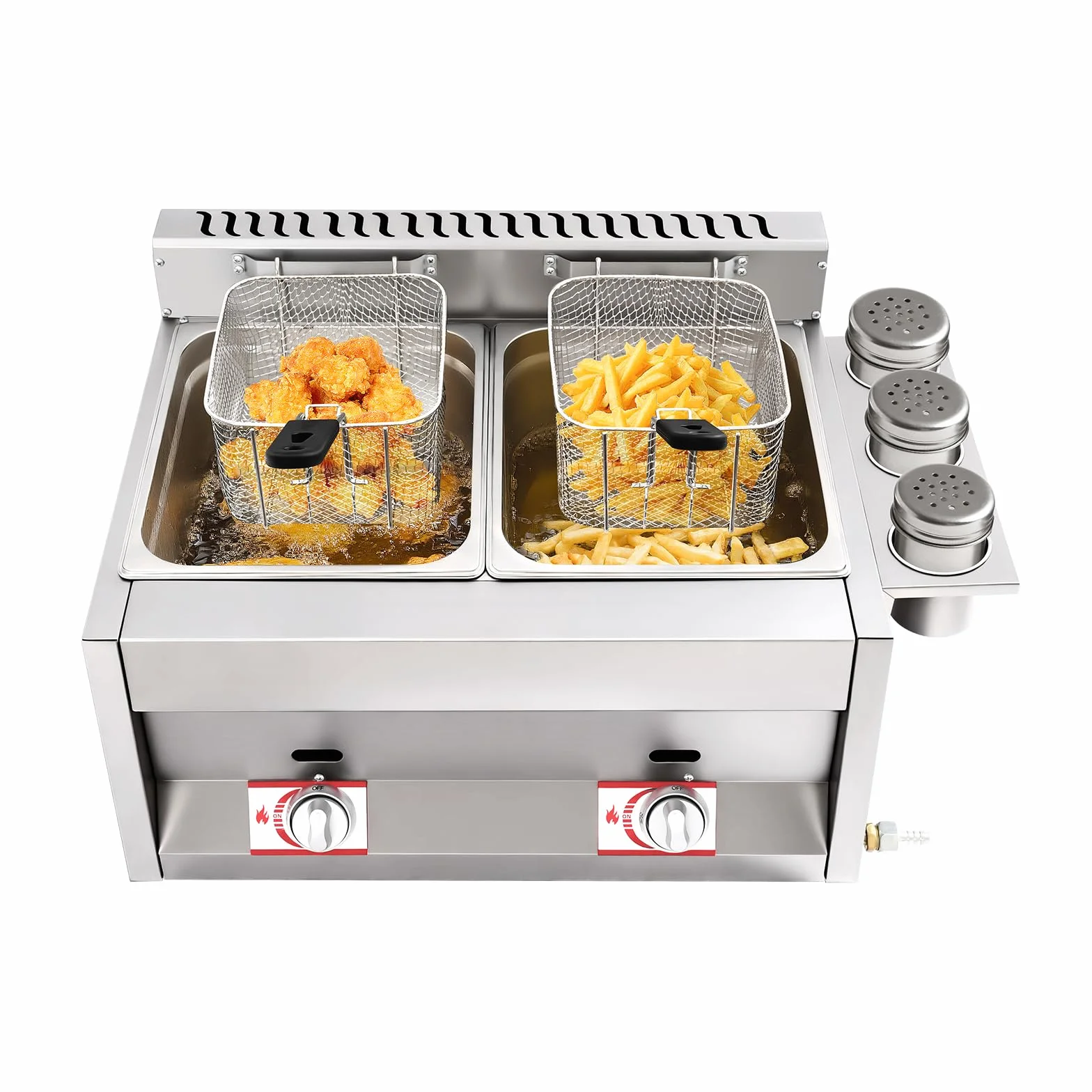 Freidora de gas comercial, 2 x 6 l, freidora doble de acero inoxidable, freidora comercial con 2 cestas de filtro y tapa, freidora de gas para restaurantes, bares