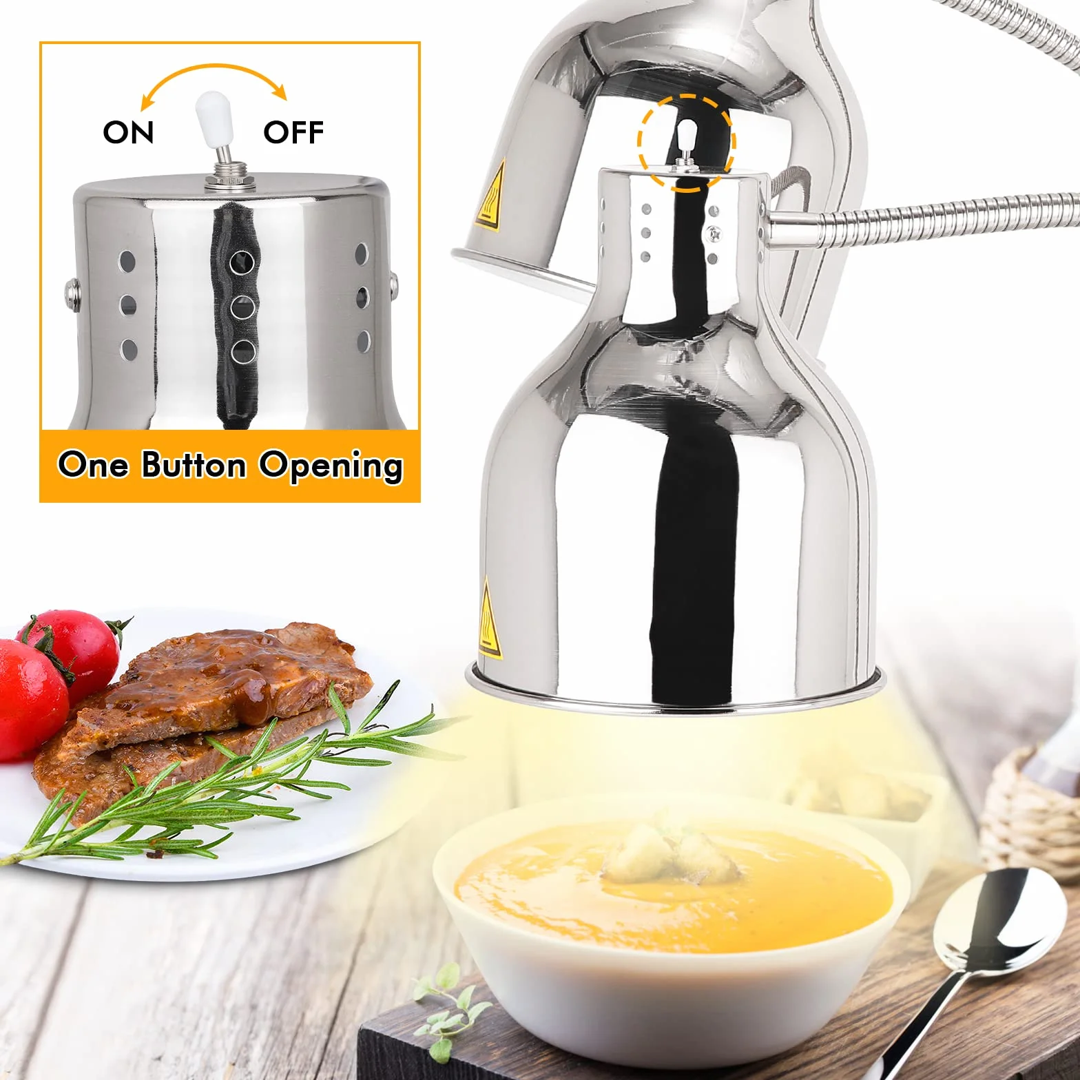 YJINGRUI Lámpara de calentamiento de alimentos 2 x 250 W plateada manguera extensible 70 cm buffet cocina restaurante