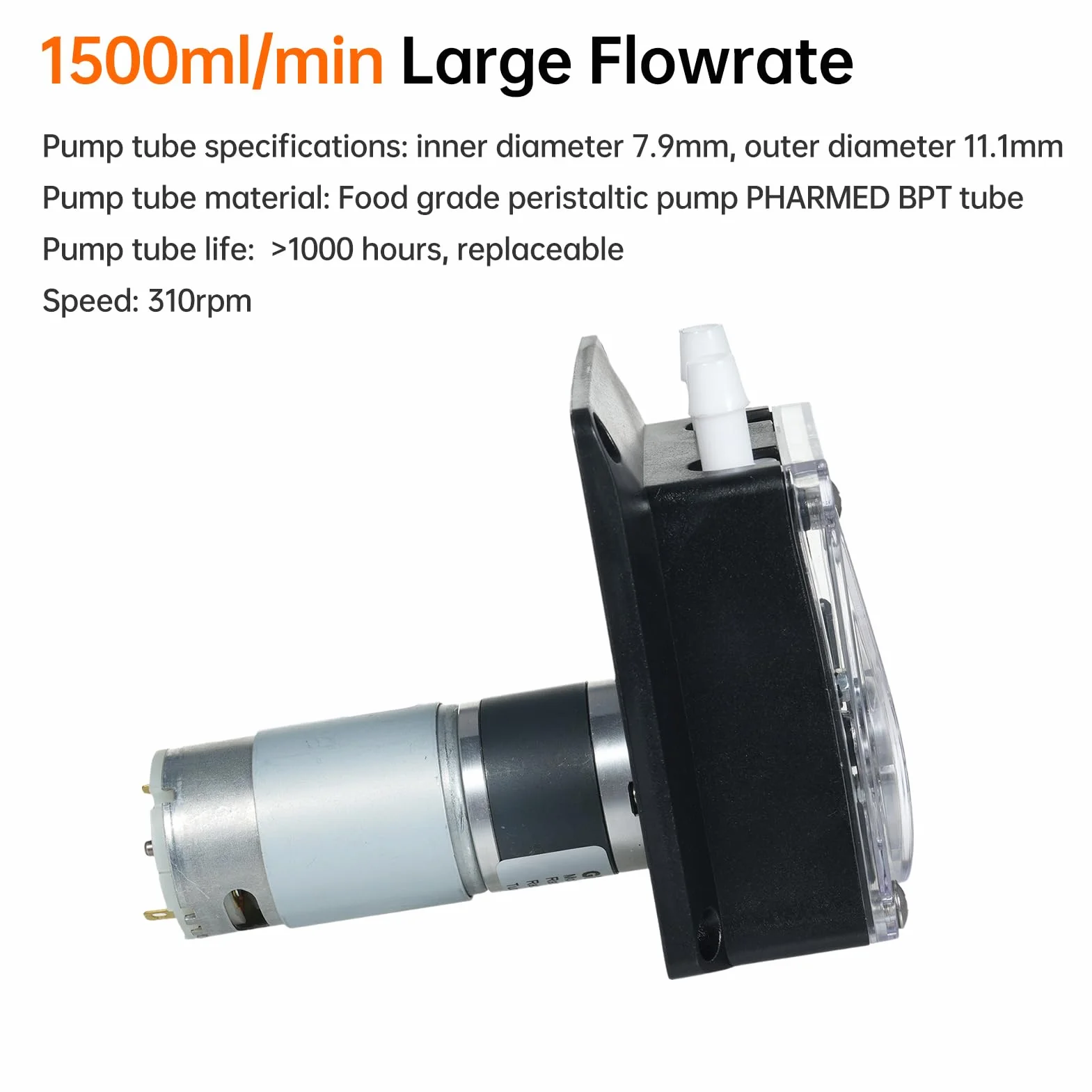 Irfora Bomba peristáltica DC 24V Bomba dosificadora de líquidos de Gran caudal 1500 ml/min 2 Rodillos con Tubo BPT FARÉTICO de Calidad alimentaria para Laboratorio de Acuario Análisis químico