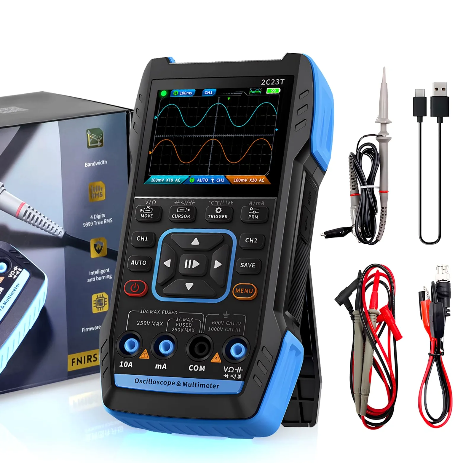 Osciloscopio Digital, Kethvoz 3 en 1 Multímetro 2C23T y Generador de Señales 50MS/s, 2 Canales/10MHz Ancho de Banda, Medición de Voltaje Corriente AC/DC Capacitancia Resistencia