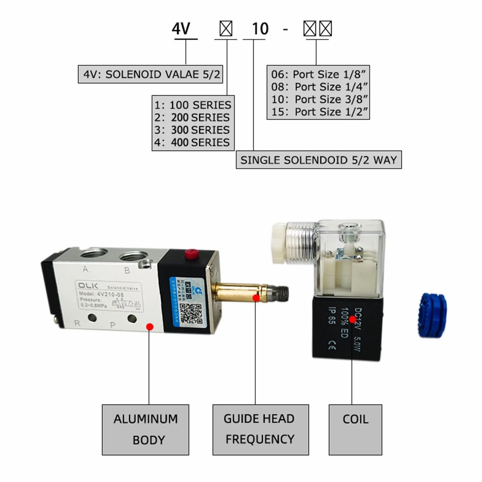 4V210-08 4v110-06 válvula de Aire neumática de 5 vías 5/2 electromagnética DC12V DC24V Controlador de válvulas solenoide AC110V AC220V 4V310-10(4V210-08,AC220V)