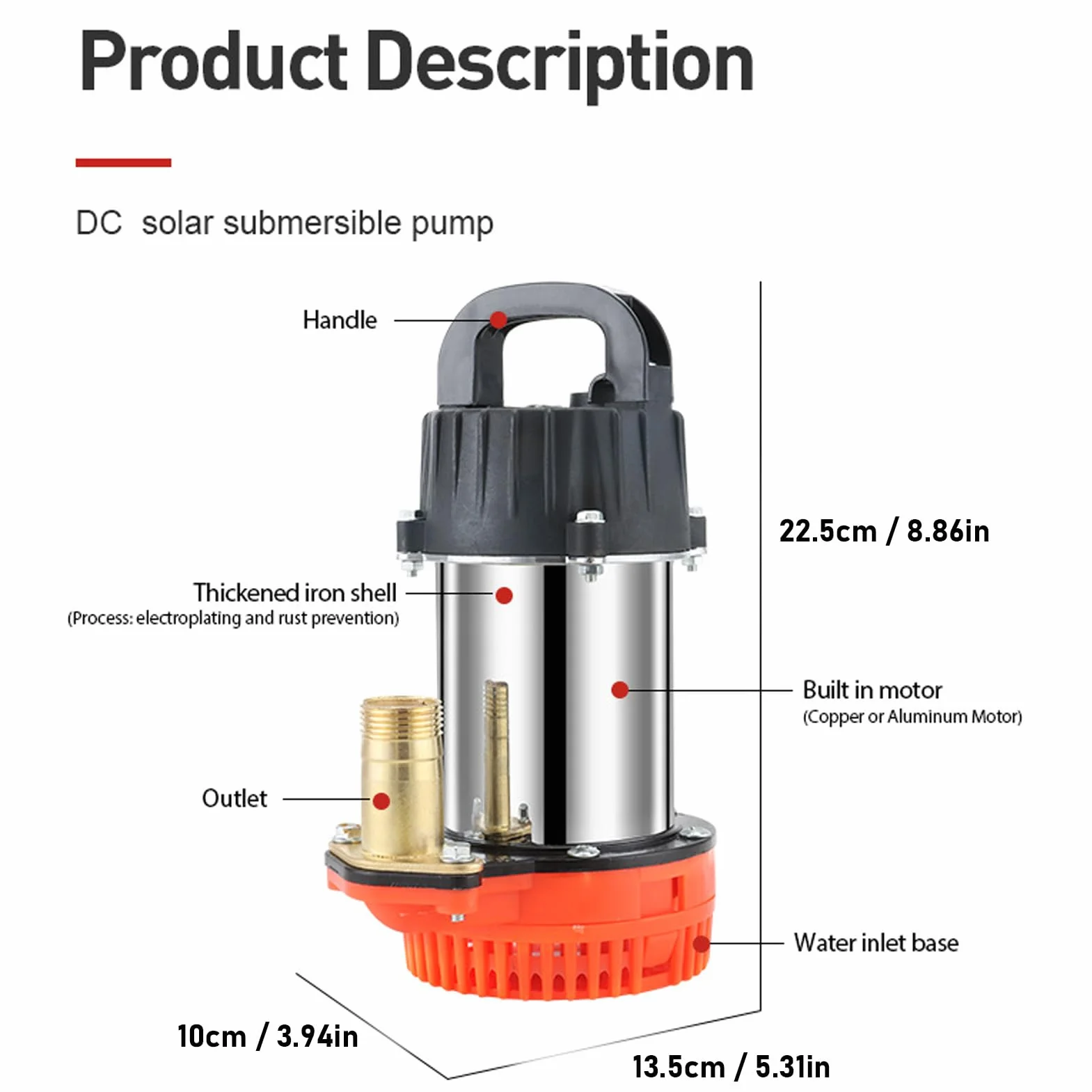 Bomba sumergible de agua solar sumergible de 24 V CC, 220 W, alta carrera, 8 m, gran bomba de pozo profundo para granja, bomba de agua de bajo consumo para exteriores