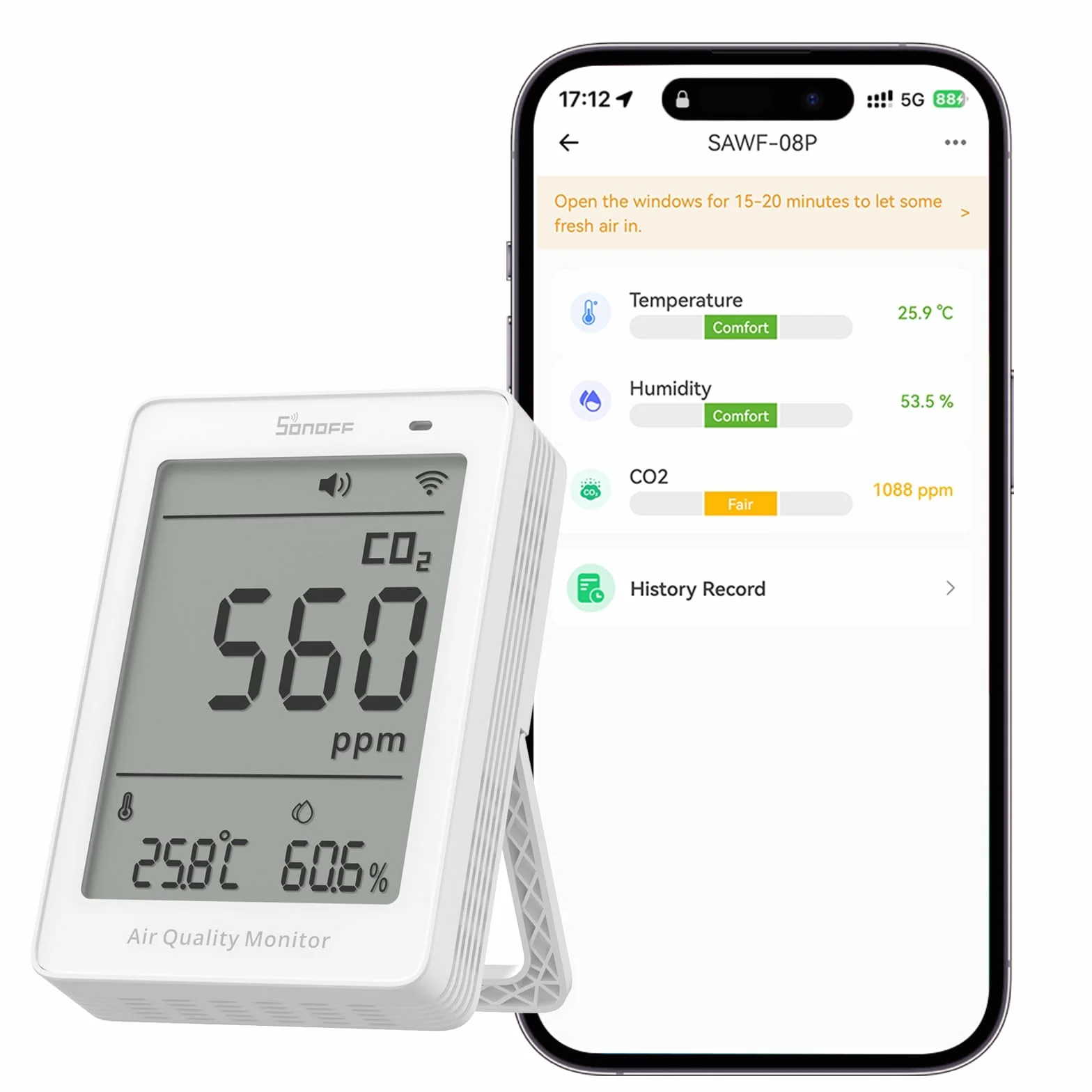 SONOFF AirGuard CO2, Monitor Inteligente de Calidad del Aire, Compatible Matter, WiFi 2.4GHz, Detector de CO2/Temp/Humedad, Display y Alarma en Tiempo Real, para Dormitorio/Habitación Infantil