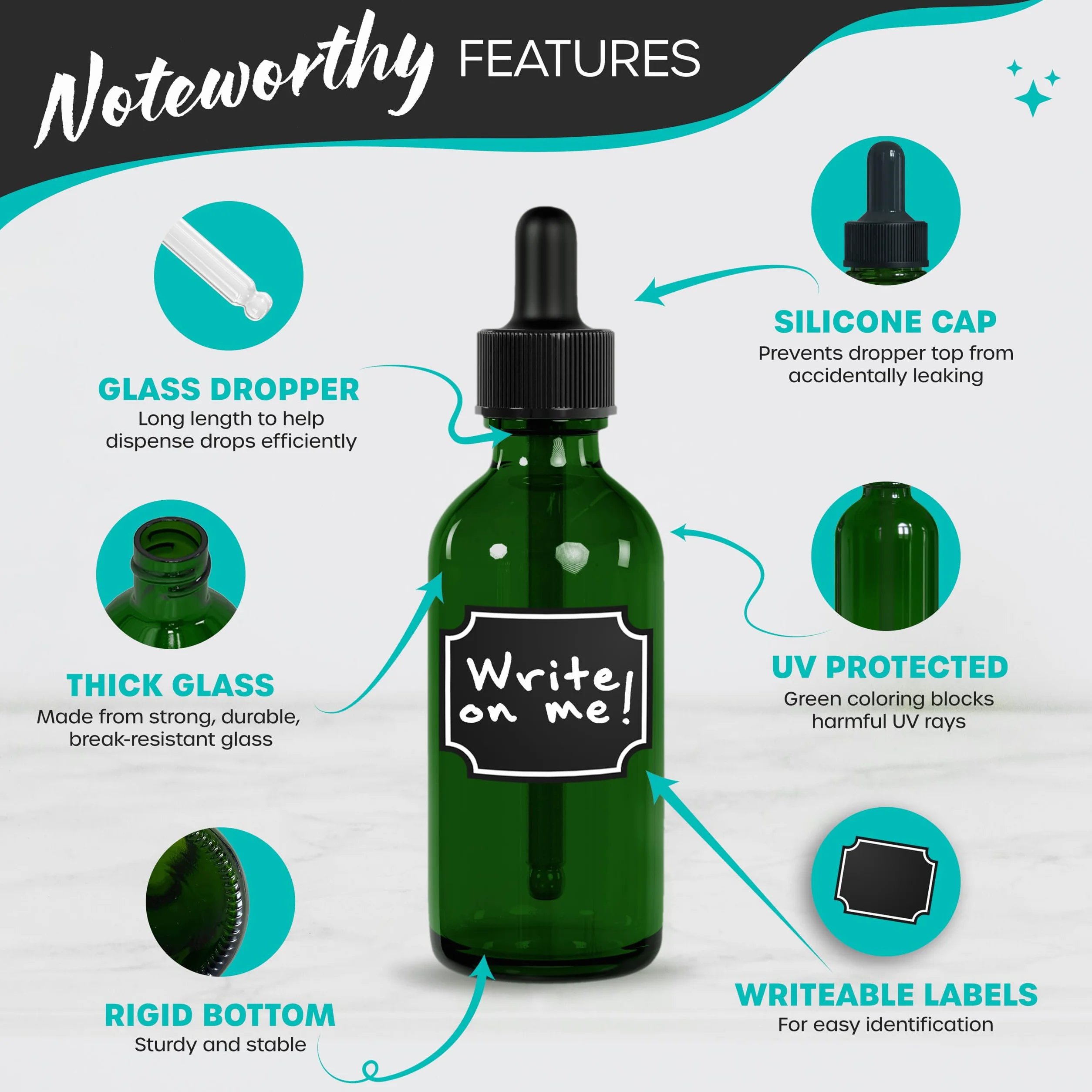 Nevlers 24 botellas cuentagotas de vidrio verde de 2 onzas, botella de vidrio pequeña de succión firme sin fugas con cuentagotas versátil, botellas de tintura, botella cuentagotas de medicamentos,