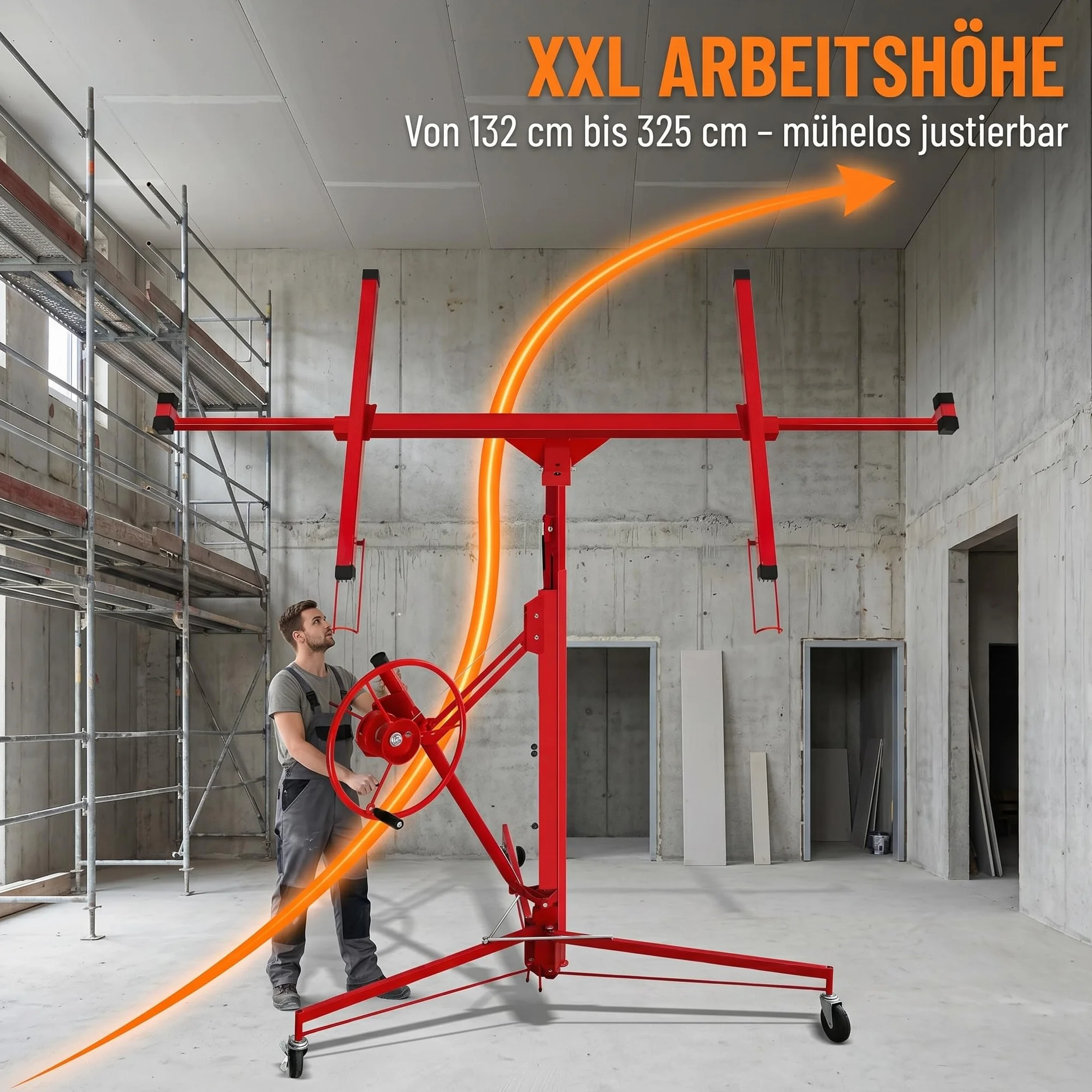 Ikodm - Elevador de placas plegable XXL para paneles de yeso, altura de trabajo ajustable de 132-335 cm, ancho máximo del brazo de carga de 290 cm y capacidad de carga de 68 kg, Rojo