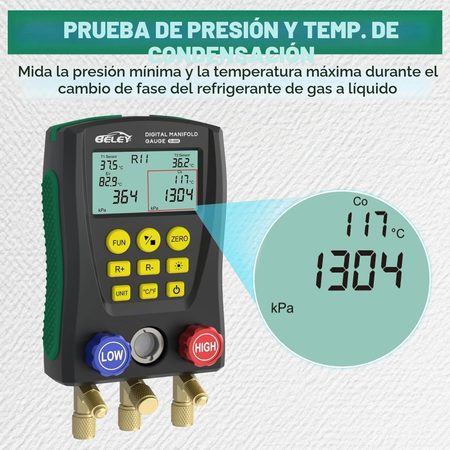 BELEY Juego de manómetros digitales, R32 R410a Kit de indicador digital para sistema de colector, manómetro de sistema HVAC de temperatura para 93 refrigerantes, con 2 abrazaderas de temperatura