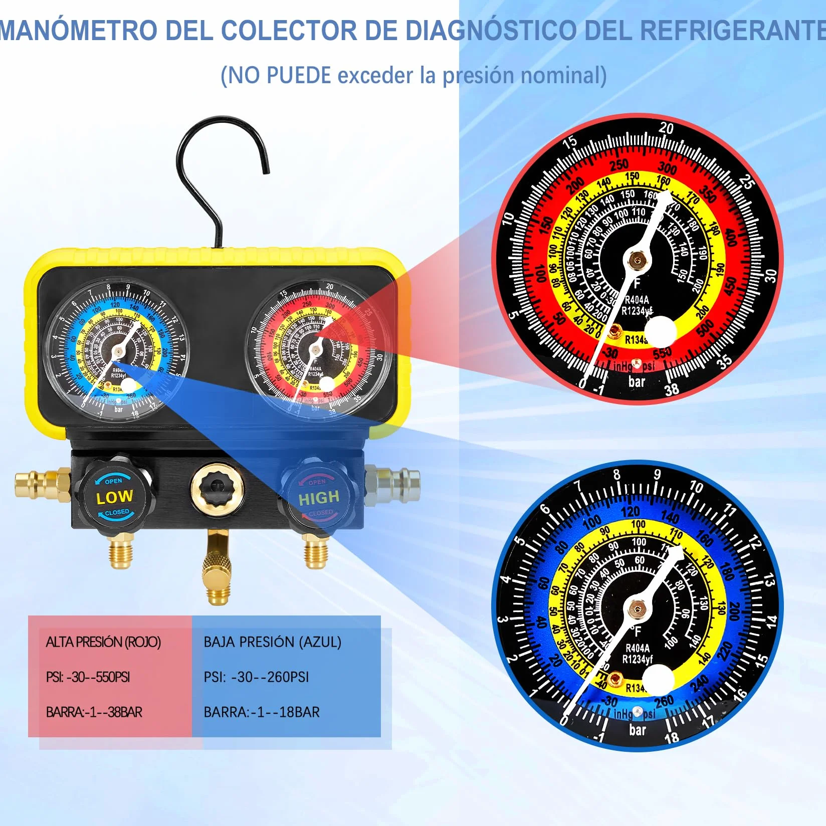Pindex Puente manómetro 2 vías para refrigerante R1234YF R134A R404A, Manómetro Aire Acondicionado con 3 Mangueras de 1,5 M, para Recarga de Aire Acondicionado Coche