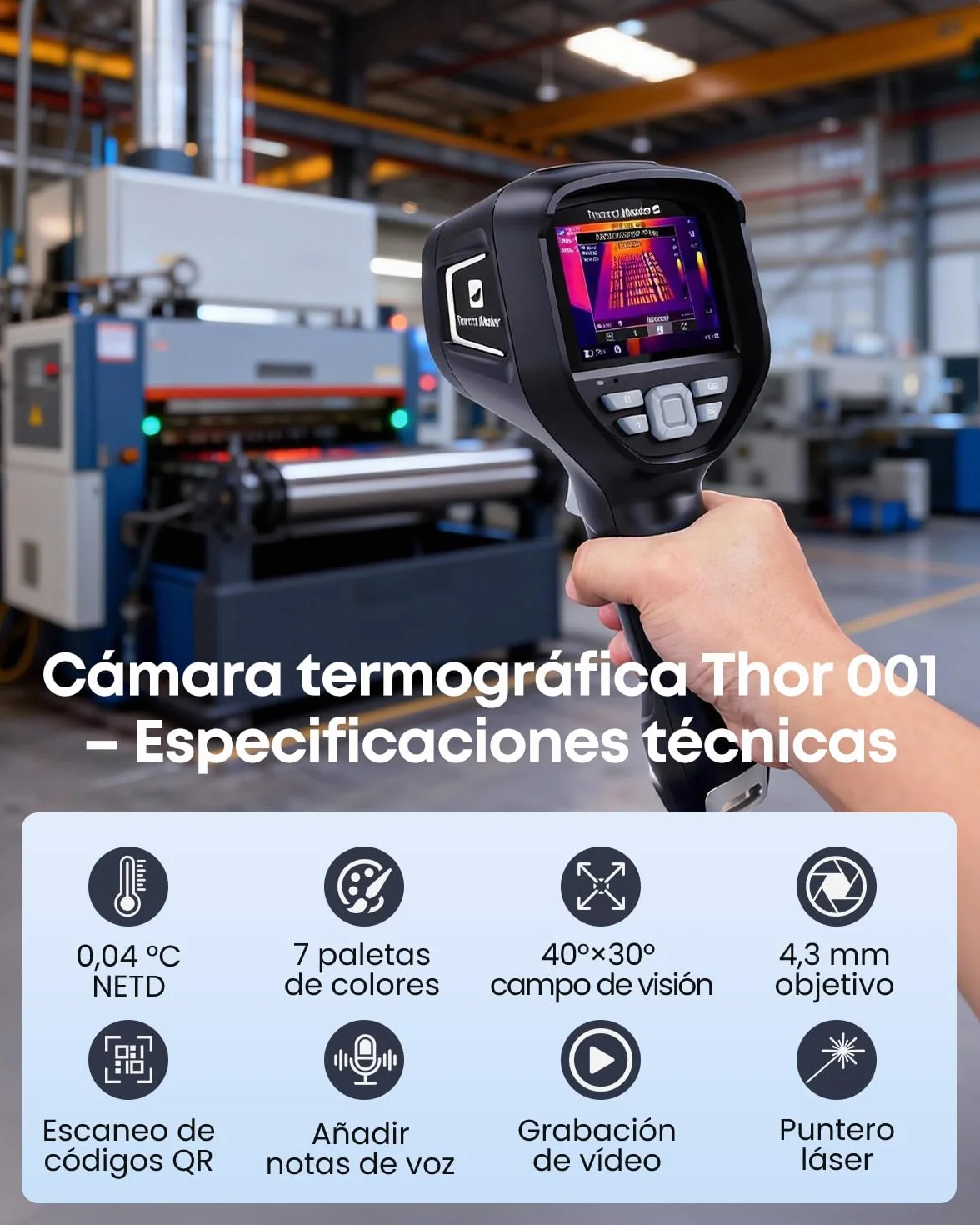 Thor 002 Cámara Térmica Portátil, Resolución 512×384 px, 25Hz, Pantalla IPS 3,5", -20°C a 550°C, WiFi & App/PC Análisis, IP54 para Electricidad, Industria y HVAC