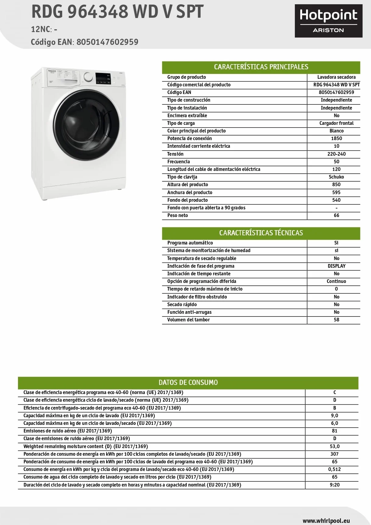 HOTPOINT Ariston Lavadora Secadora RDG964348WDVSPT 9Kg 1400Rpm