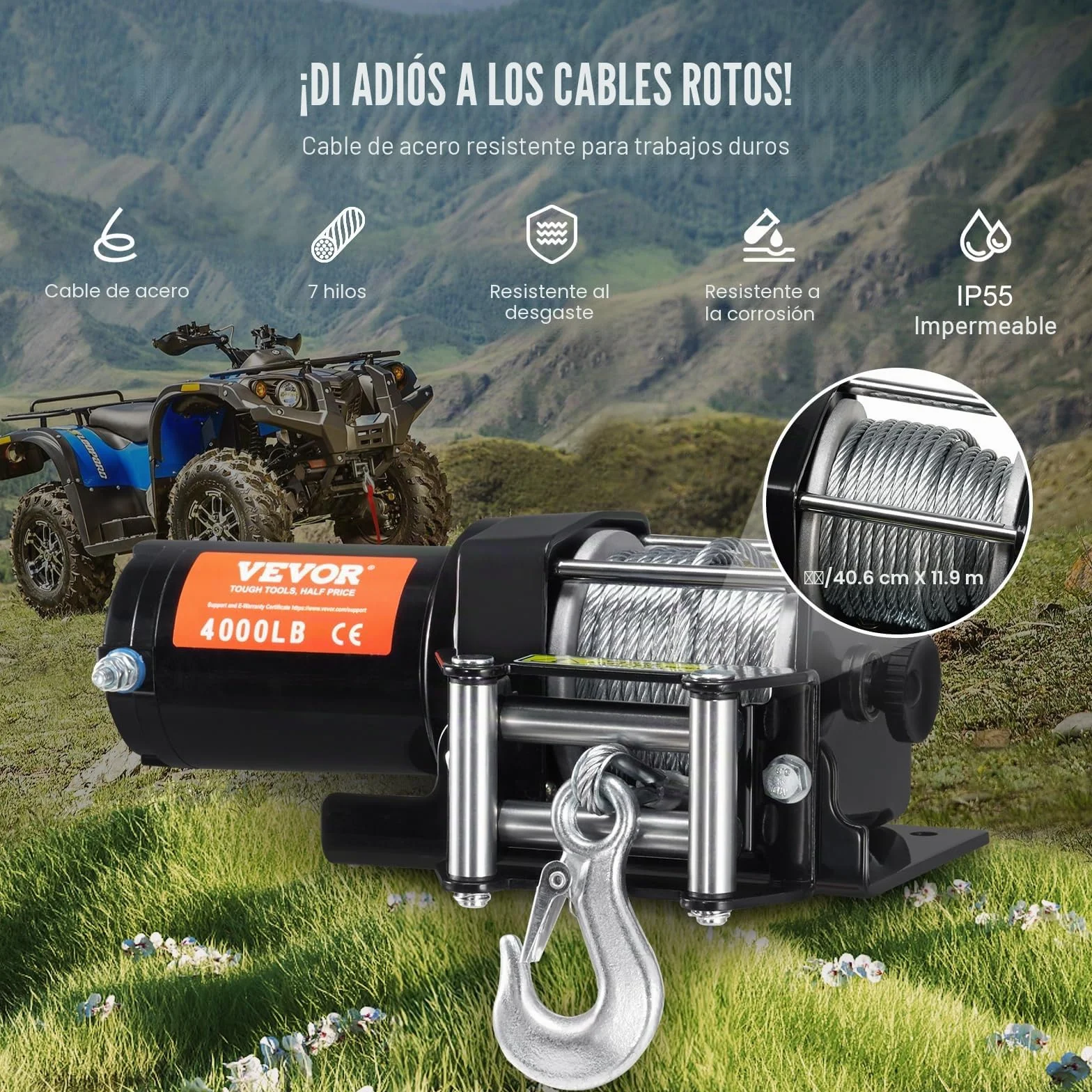 VEVOR Cabrestante eléctrico Capacidad de tracción 1814 kg 12 V CC con Cable de Acero de 7 Hilos 118,7 cm Control Remoto inalámbrico y con Cable IP55 Impermeable cabrestante para Remolque ATV UTV
