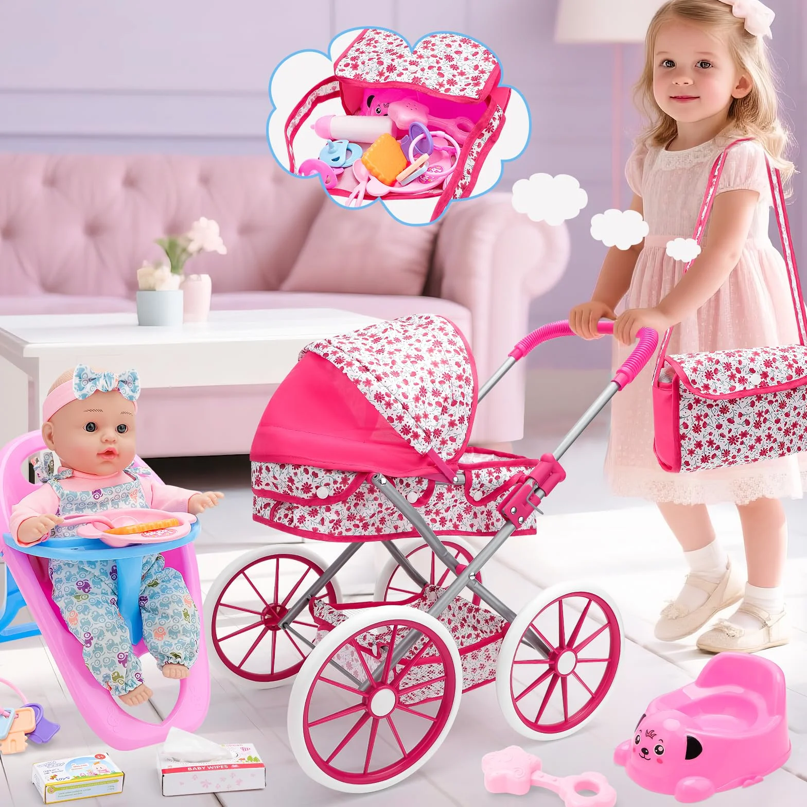 deAO Carrito Bebe Juguetes 31cm Muñecos Bolso Accesorios Ropa Muñecas