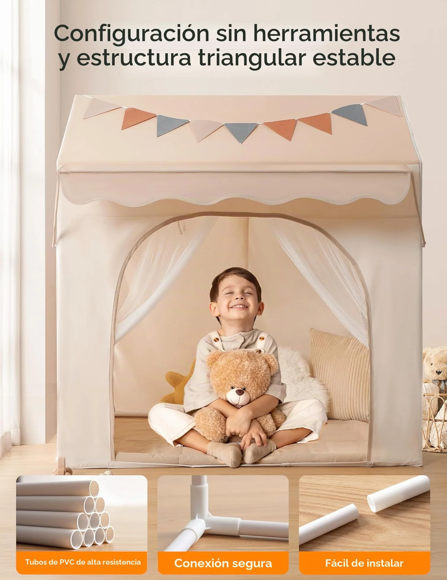 Besrey Tienda de Juego para Niños con Toldo, Casita Infantil 2 en 1 con Luz LED, Alfombra Acolchada
