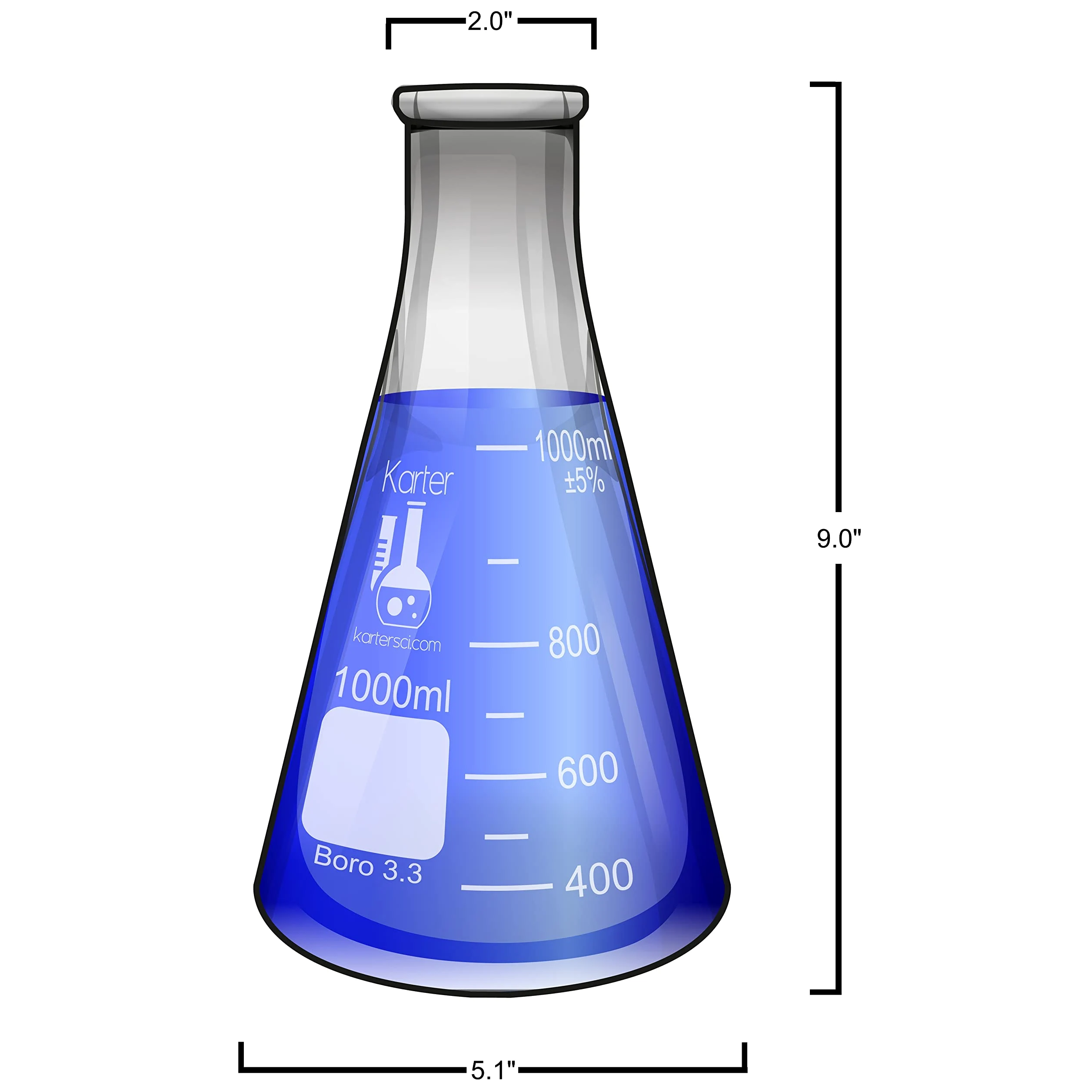 Erlenmeyer Botella de boca estrecha de 1000 ml, vidrio de borosilicato 3.3, Karter Scientific (paquete de 2)