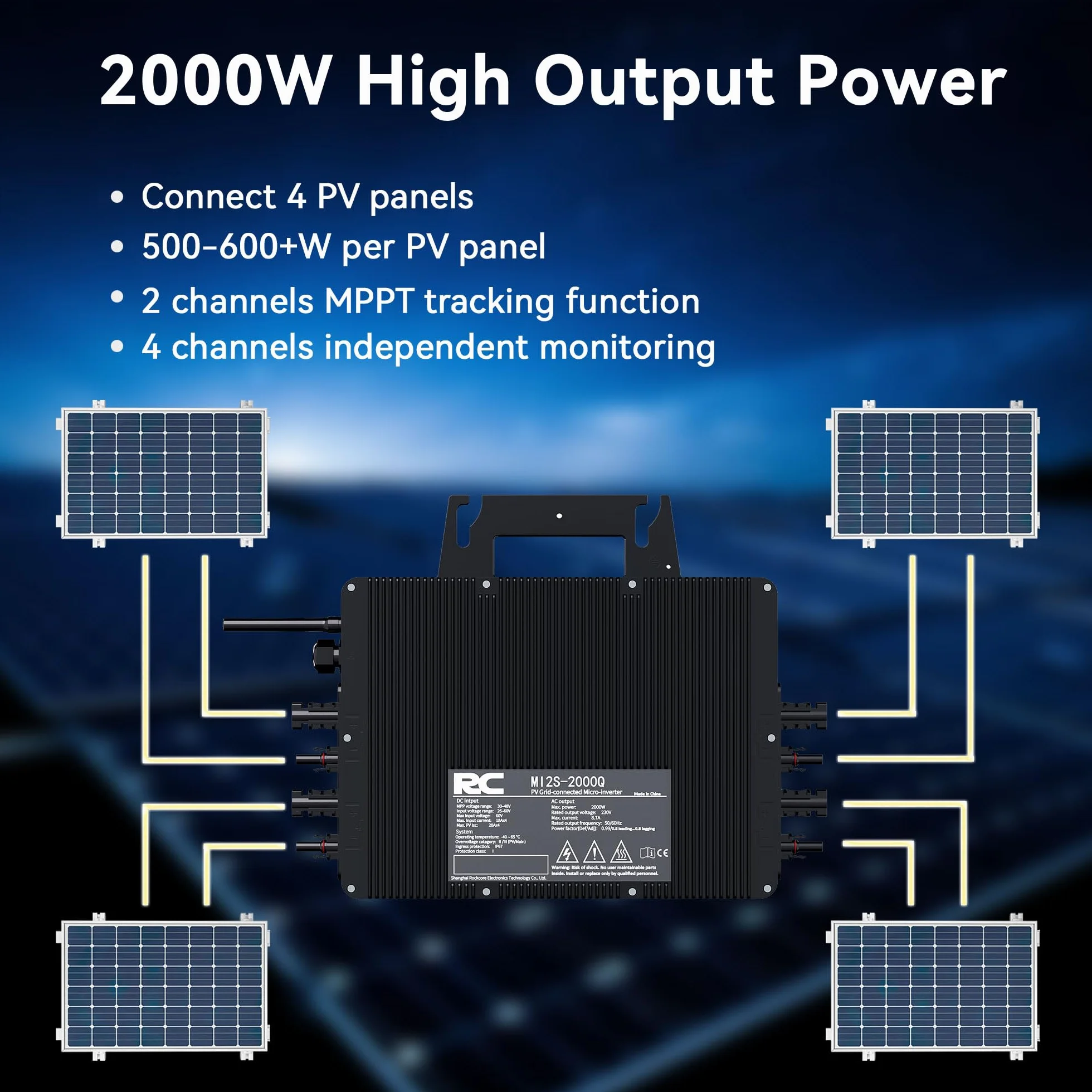 Microinversor RC de 2000W, Entrada de 26-60V CC, inversor de módulo fotovoltaico, microinversor MPPT, Compatible con monitoreo Remoto por WiFi