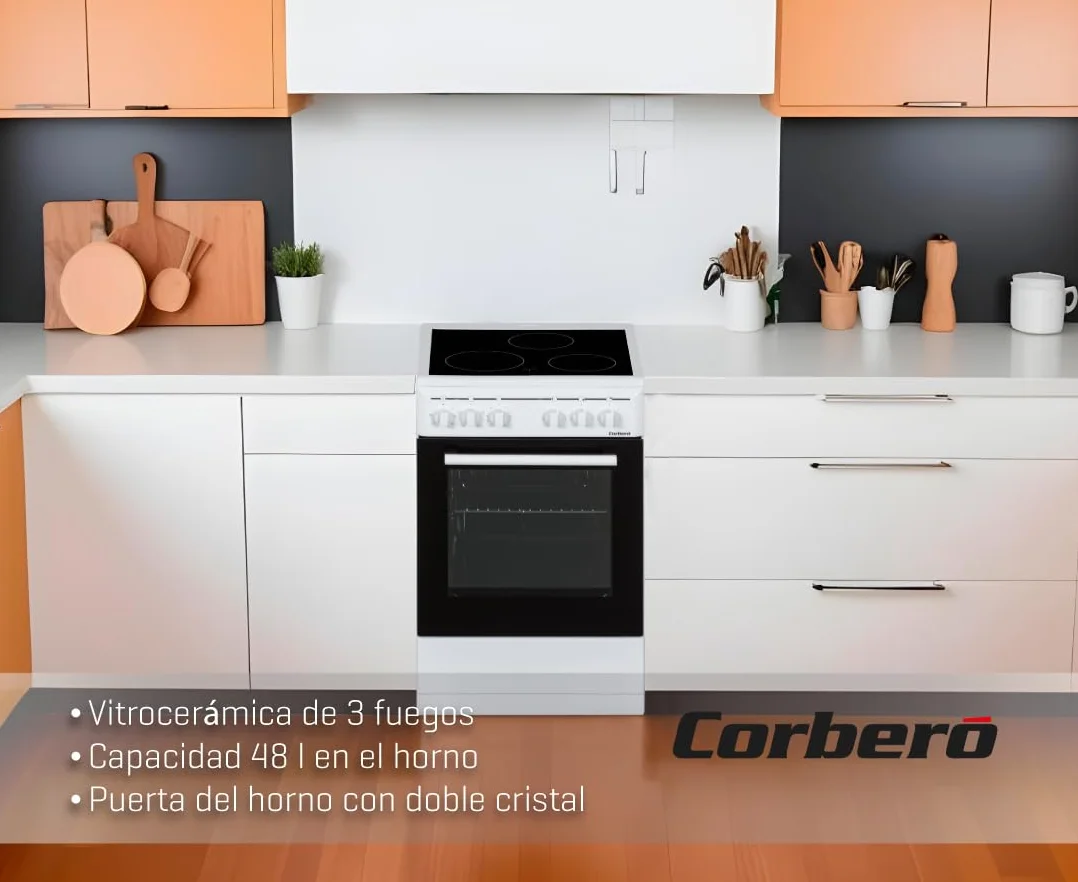 Corberó Cocina Eléctrica Vitrocerámica 3 Fuegos CCSF503VW Horno 48L Doble Puerta Cristal Blanco