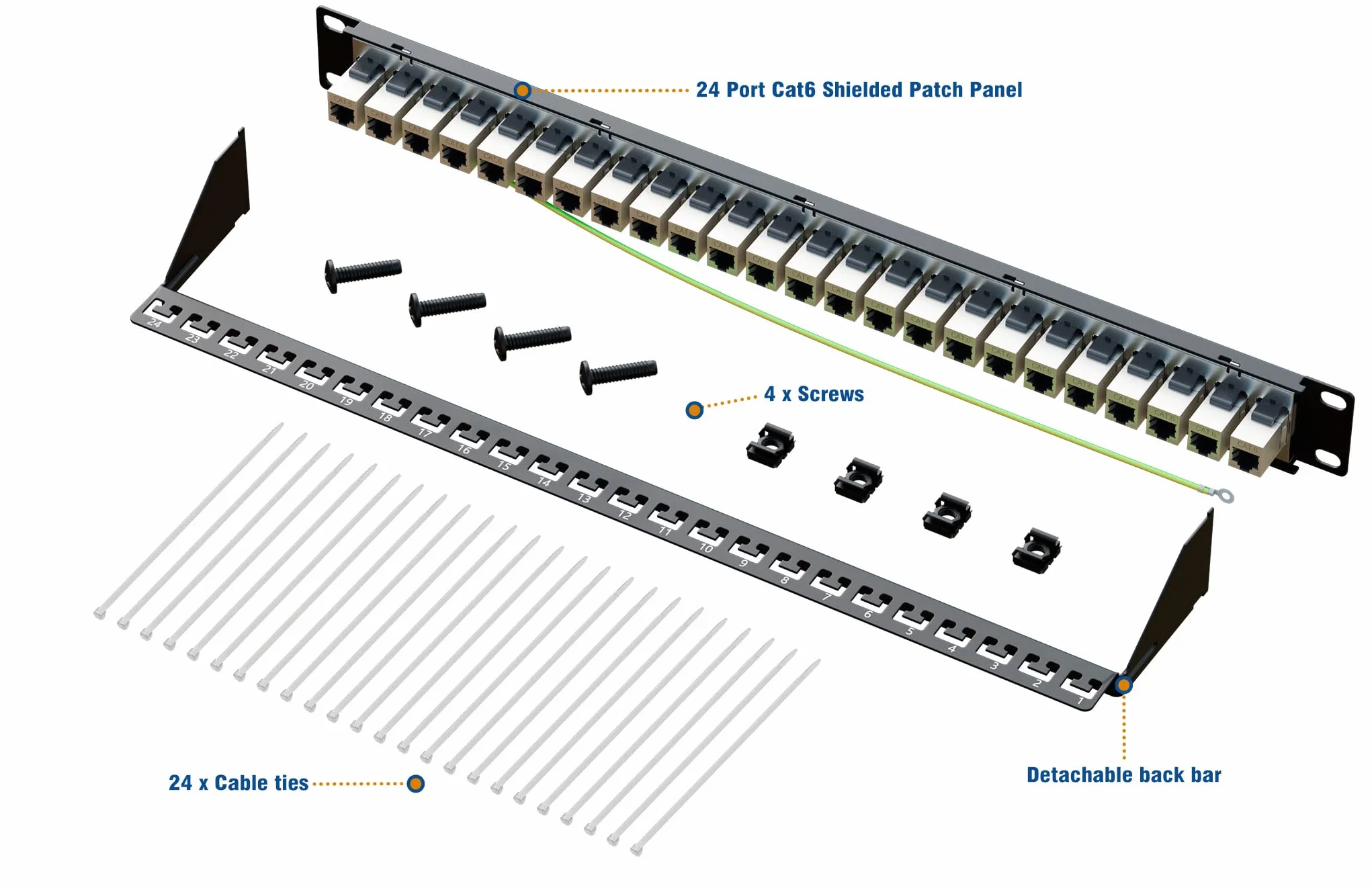 iwillink Panel de conexión 24 Puertos 10 Gbps RJ45 Cat6 STP 19 Pulgadas 1U