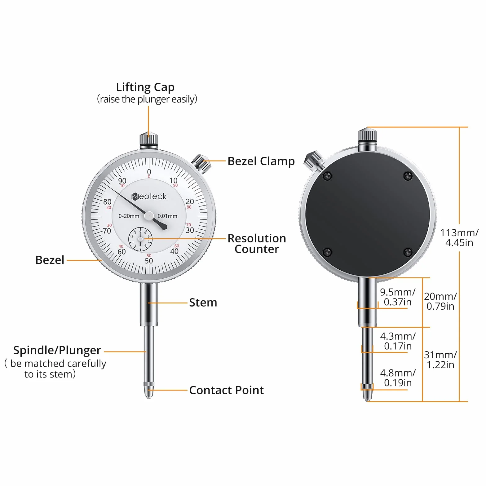 Neoteck Reloj Comparador 0-20mm Indicador de Cuadrante 0.01mm con Base Magnética 132lbs/60kg para Torno CNC Impresora 3D