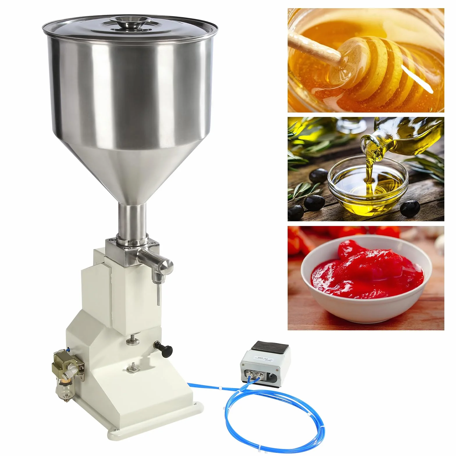 Máquina de llenado neumática, carrera de llenado de 5-50 g Máquina de llenado de pasta neumática con tolva Máquina de llenado de líquido de pasta de acero inoxidable Máquina de llenado de botellas
