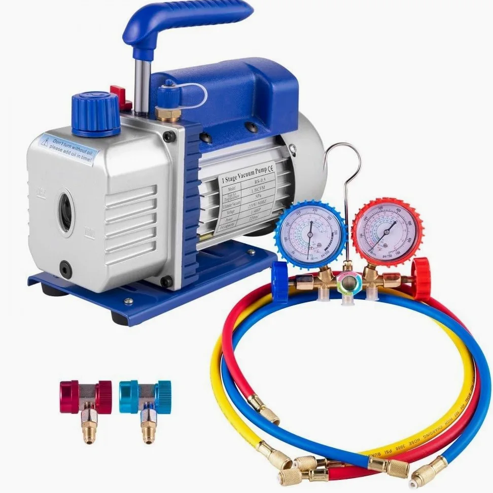 Bomba de Vacío 1,8CFM 1/4HP 220V / 50-60Hz para Aire Acondicionado Bomba de Vacío Coche con Medidor De Colector 1440 TR/Min Anti-Reflujo Aceite para Aire Acondicionado Coche Automotriz Refrigerador