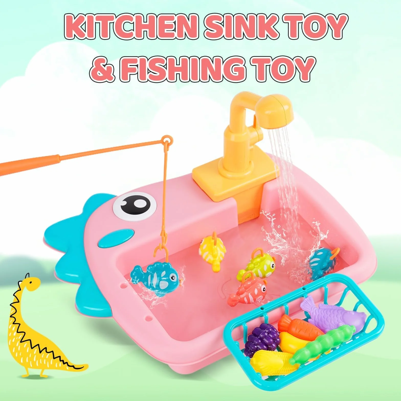Fregadero de Juguete de Cocina con Agua Corriente, Juguetes de Pesca, Rosa