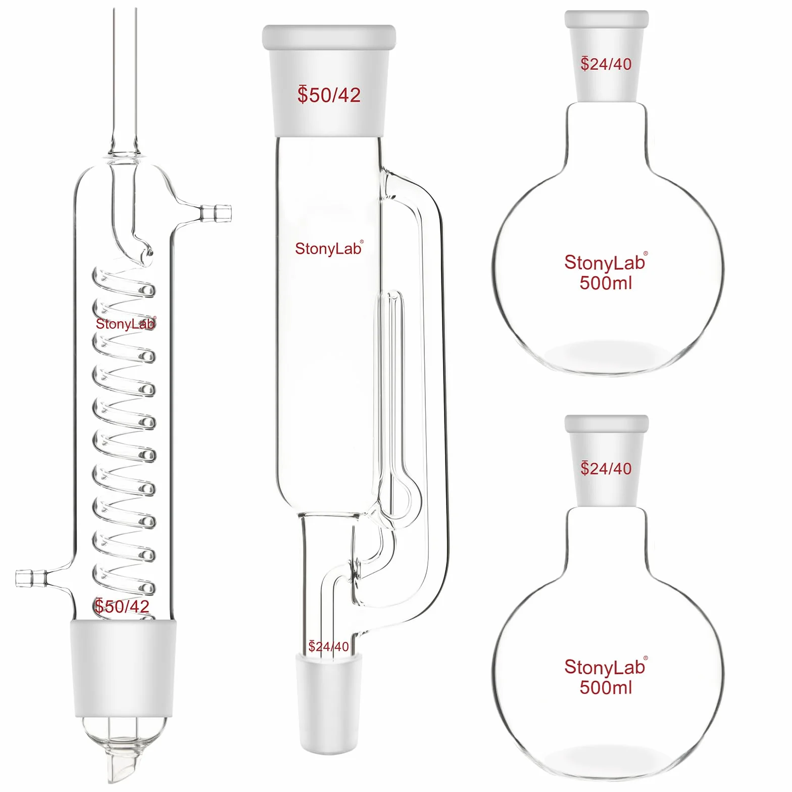 stonylab Kit de Extracción Soxhlet, Extractor Soxhlet de Vidrio de Borosilicato 50/42 con Condensador Graham y Dos Matraces de Fondo Plano 24/40 de 500 ml para Extracción de Laboratorio
