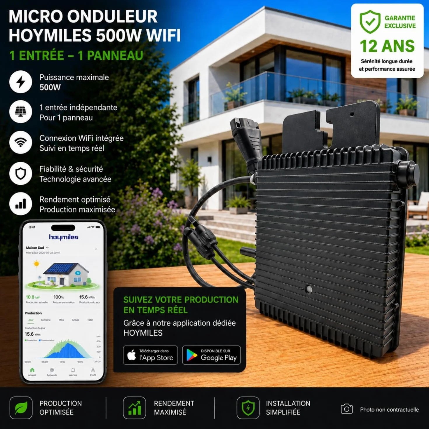 Hoymiles HMS-500W-1T - Microinversor de 500 W, WiFi y Bluetooth, para 1 panel solar + cable AC Plug & Play HMS 5 m