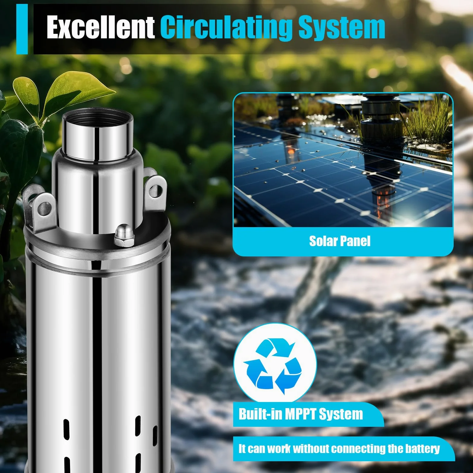 Bomba solar para pozos profundos, CC 24 V, bomba solar con carcasa de acero inoxidable, bomba sumergible, altura de elevación máx. 65 m, bomba de agua solar para pozos, riego de granjas, abrevado de