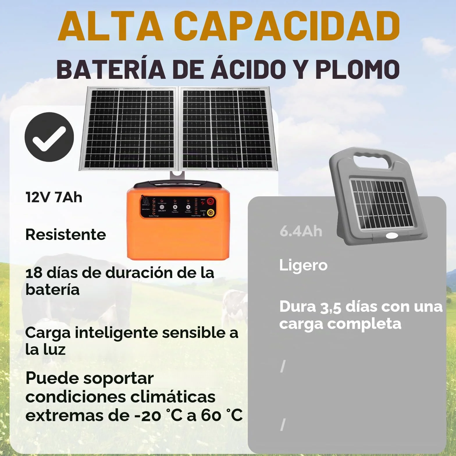 48KM Solar Pastor Electrico, Voltaje Ajustable 6-12KV, 1.5J, 15W Panel Solar, Batería Recargable, Protección 24H Ininterrumpida para Ganado, Jardín y Granja
