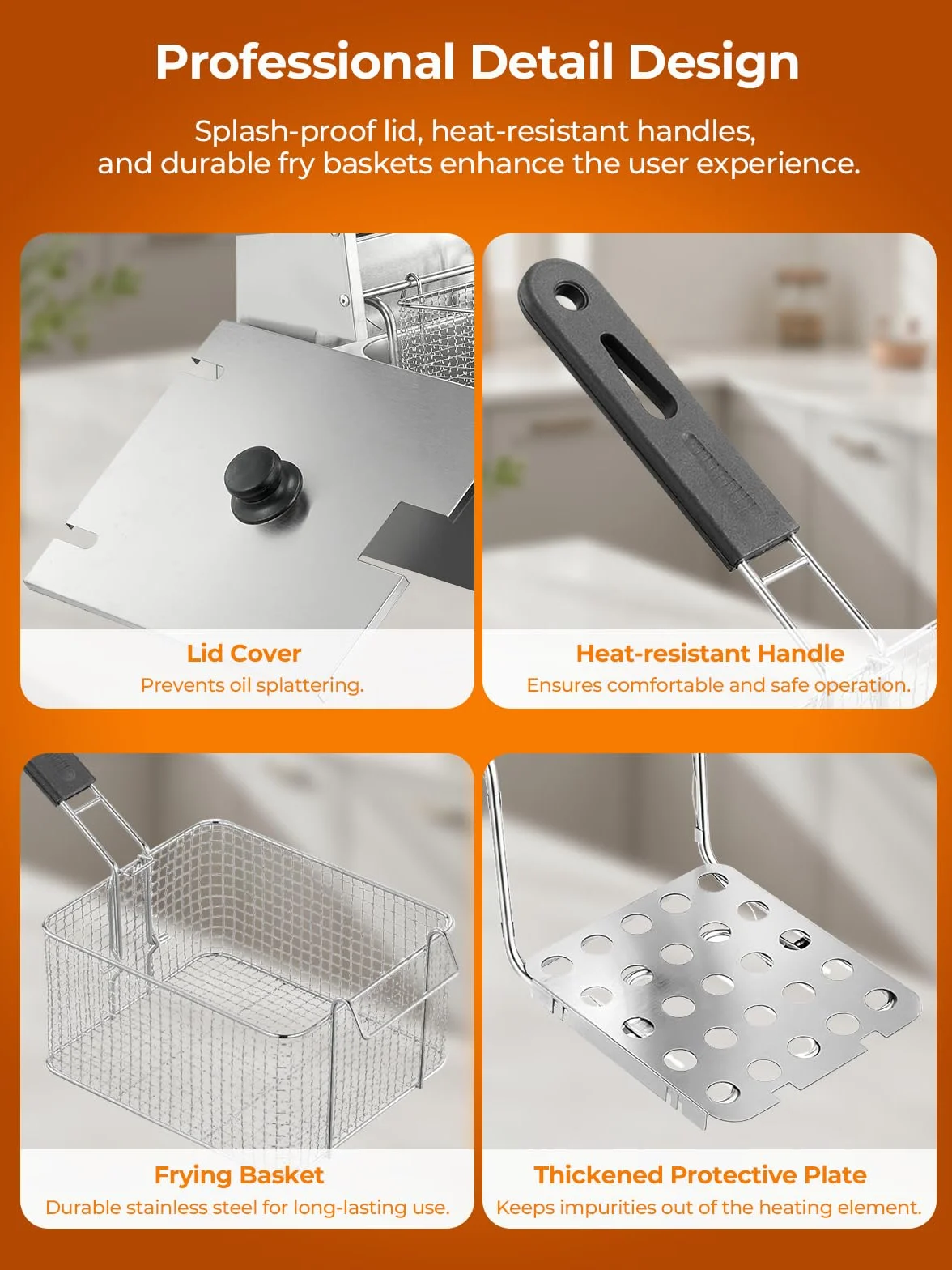FOHERE Freidoras Aceite de 21.6L, Freidora Industriales Doble de Acero Inoxidable de 3400W con Cesta y Tapa, Temperatura Ajustable de 60-200°C, para Cocina, Restaurante, Fácil de Limpiar