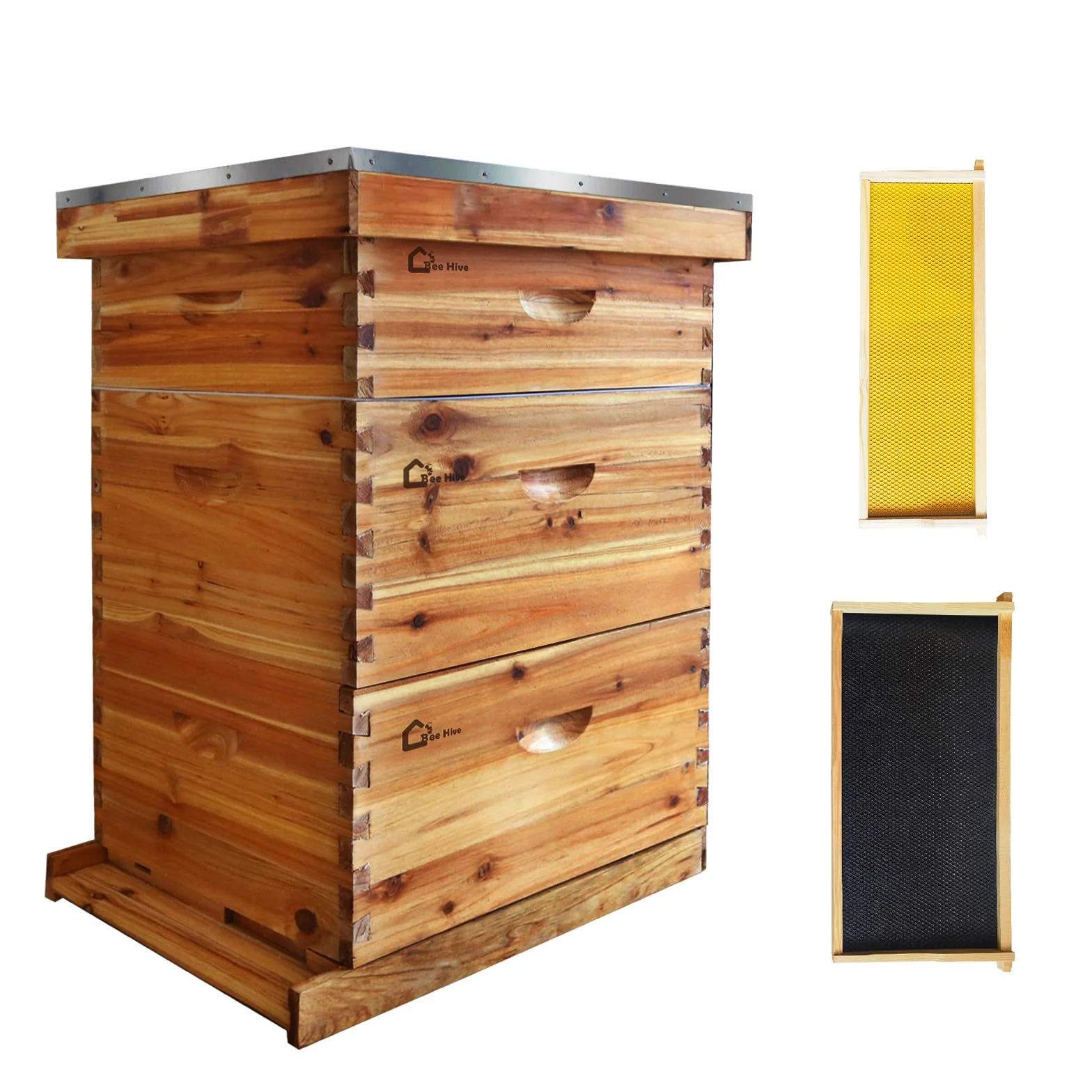 Juego de iniciación de colmena, caja de almacenamiento con 2 cajas profundas + 1 caja media, botín de madera maciza con 10 marcos y base encerada, colmena de abejas sostenible