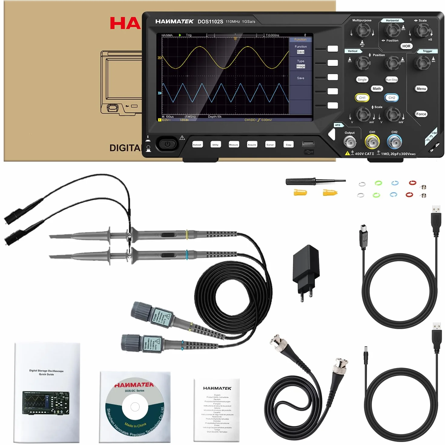 HANMATEK 2 en 1 Osciloscopio Digital Generador de señal DDS DOS1102S con Ancho de Banda de 110 mhz, 2 Canales y Pantalla TFT-LCD, Frecuencia de Muestreo de 500 MS/s *2