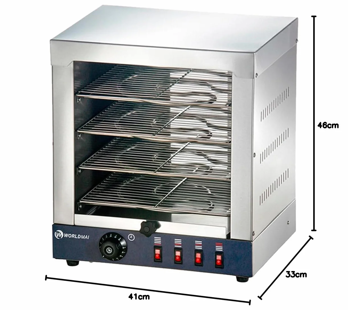 MBH – Horno Tostador Eléctrico WORLDMAI Profesional INOX de 4 pisos para Hostelería. Horno para Pizzas, Paellas y Bocadillos, Ideal para Bar, Restaurante y Pizzerías.