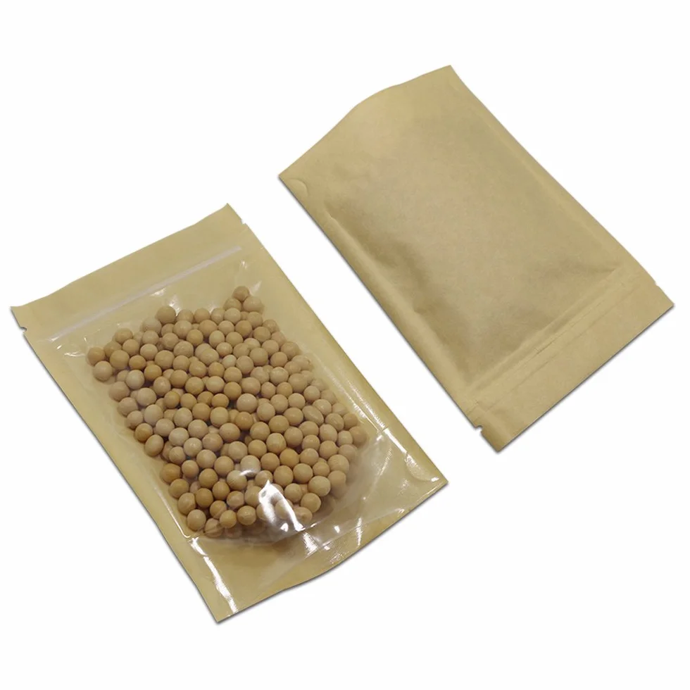 Bolsas de plástico transparente papel kraft marrón con cremallera 10x15 cm reutilizables almacenamiento alimentos