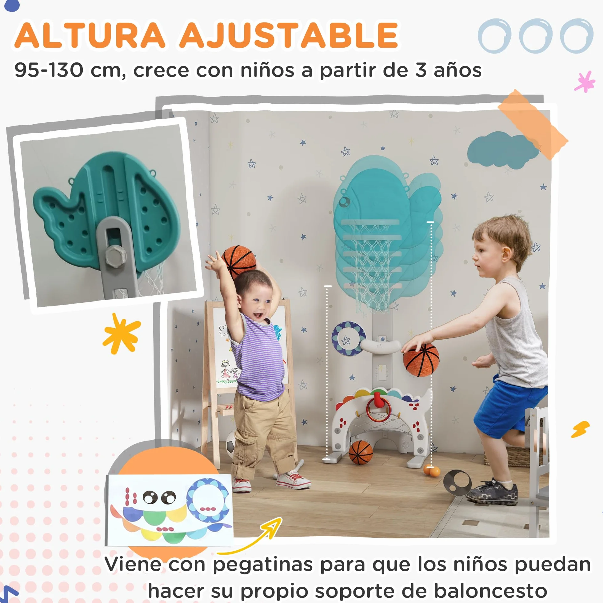 AIYAPLAY Canasta de Baloncesto Infantil 5 en 1 Altura Ajustable con Temática de Pez Dorado Multicolor