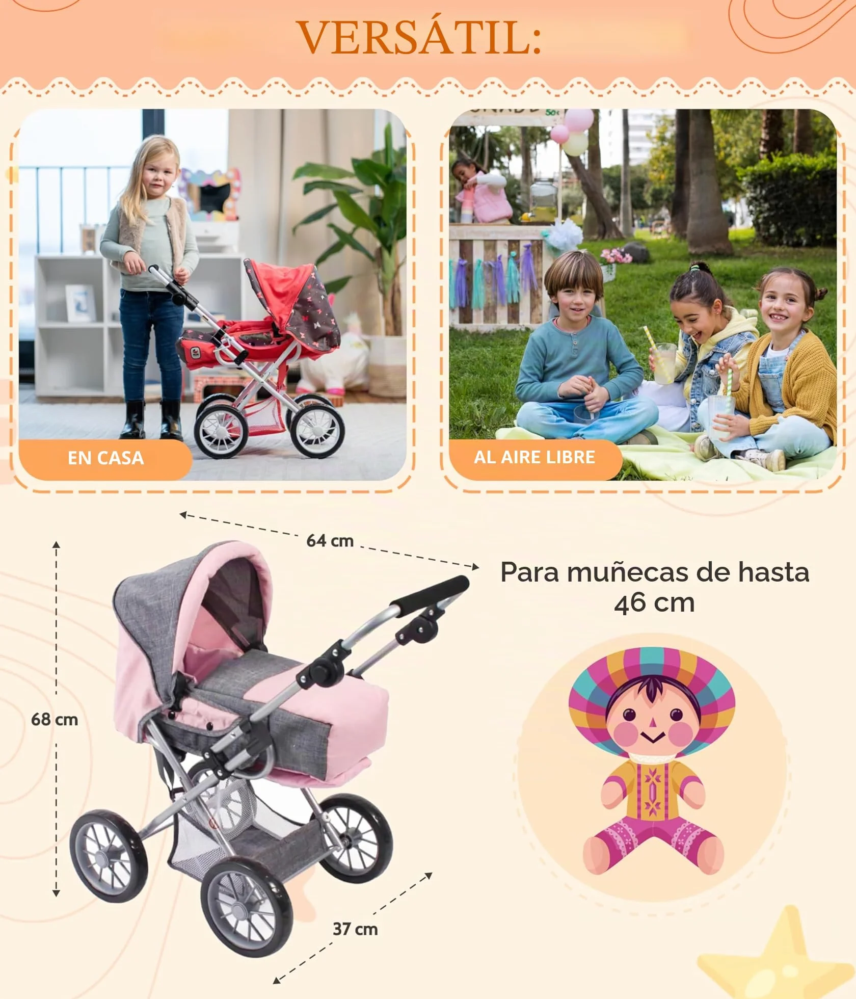 Bayer Chic 2000 Cochecito para muñecas Leni 2 en 1 con Bolsa de Transporte extraíble Gris Vaquero 46 cm