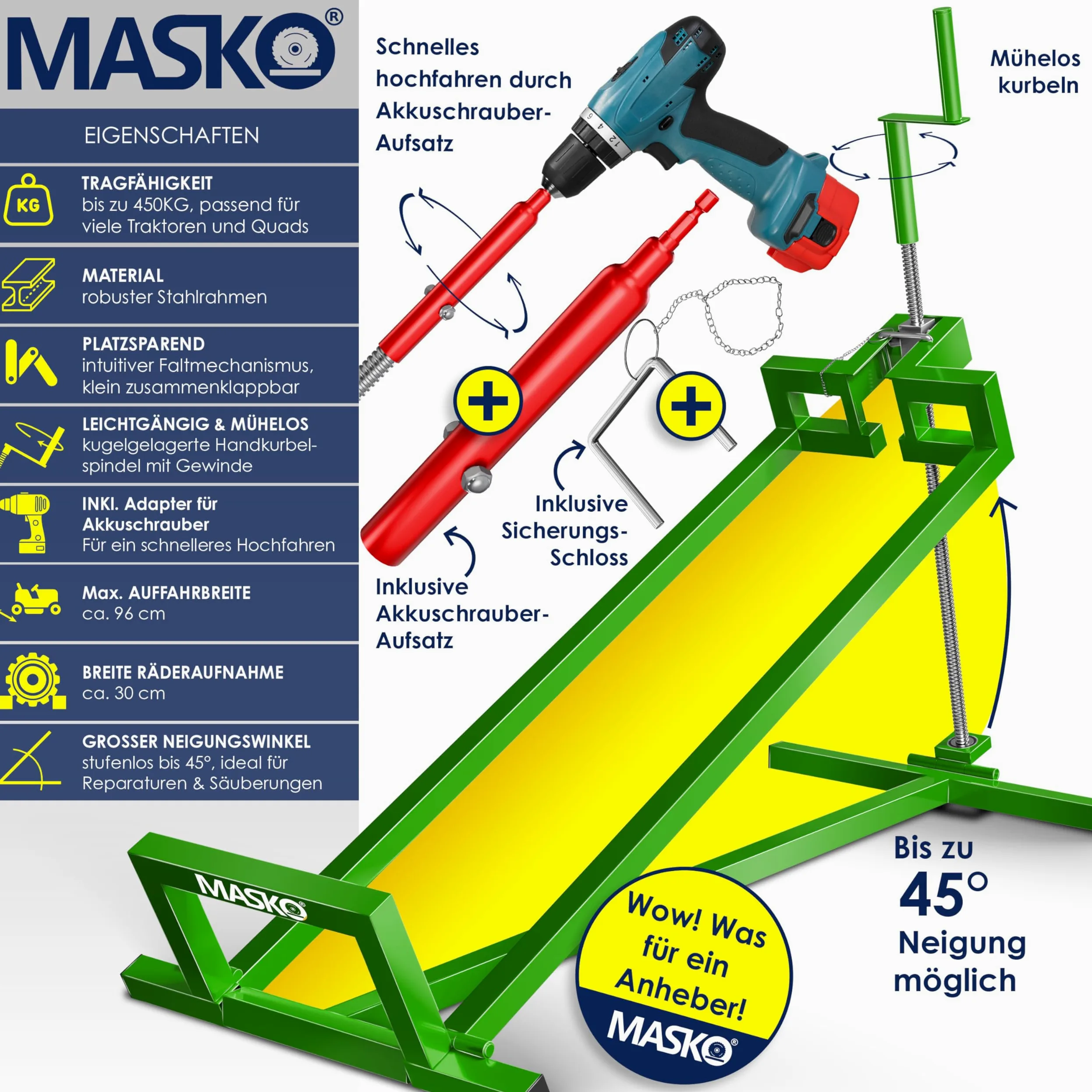 MASKO Elevador de tractor de césped 450 kg, plataforma elevadora, inclinación ajustable +45°