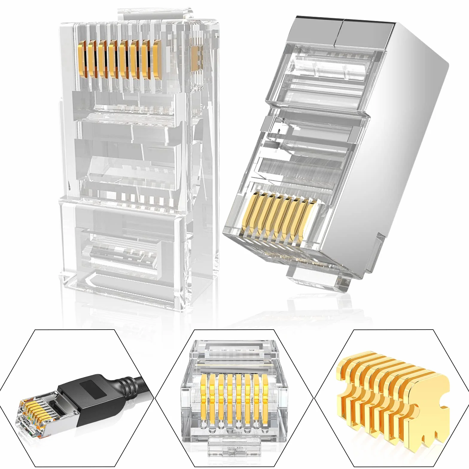 Enchufes RJ45 Blindado Ethernet Cat5e Cat6 Conectores chapados en oro 8P8C 50U
